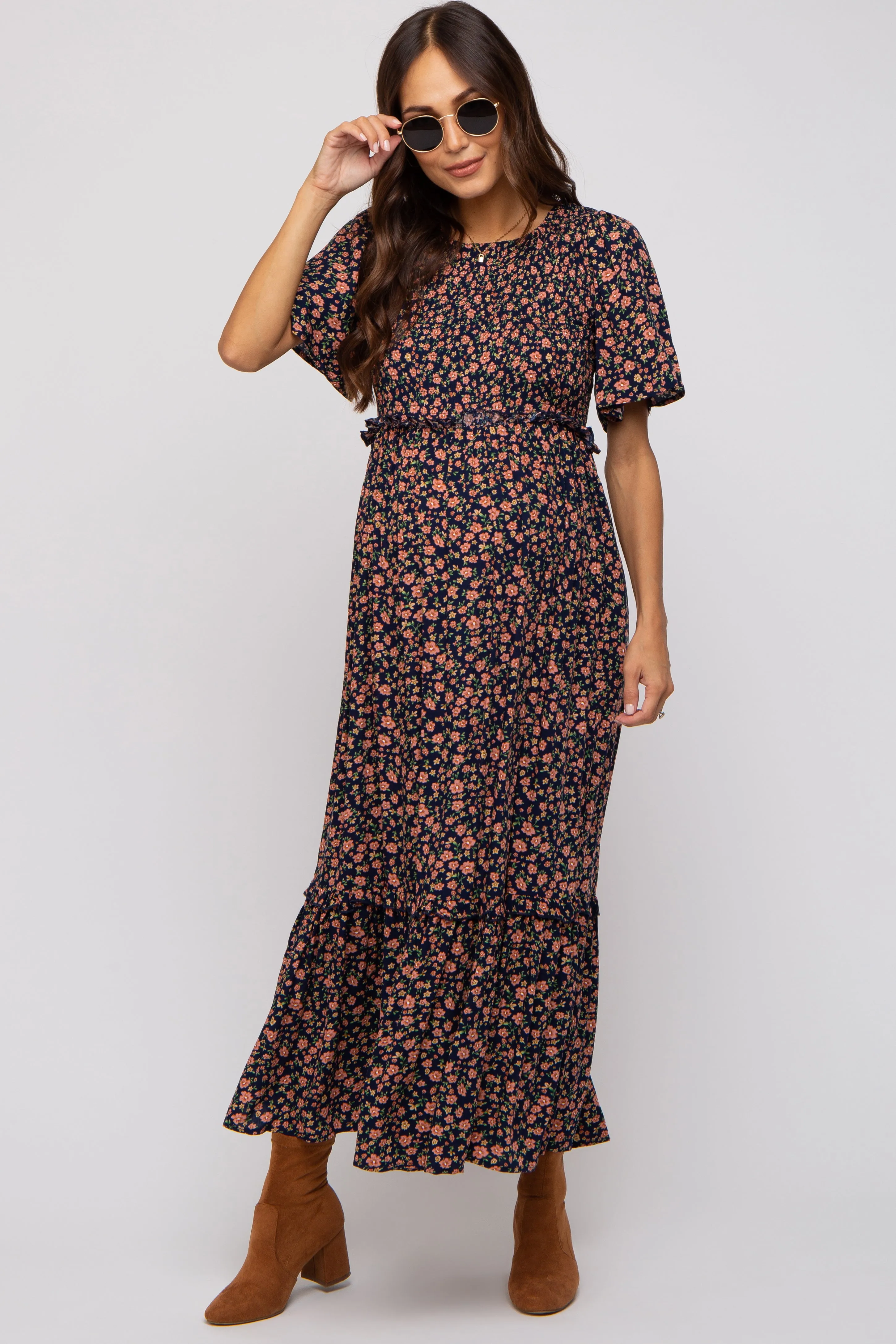 Navy Blue Floral Smocked Flutter Short Sleeve Maternity Midi Dress sold by Pinkblush product image thumbnail 5