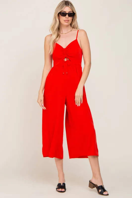 Red Sleeveless Ruched Drawstring Jumpsuit sold by Pinkblush