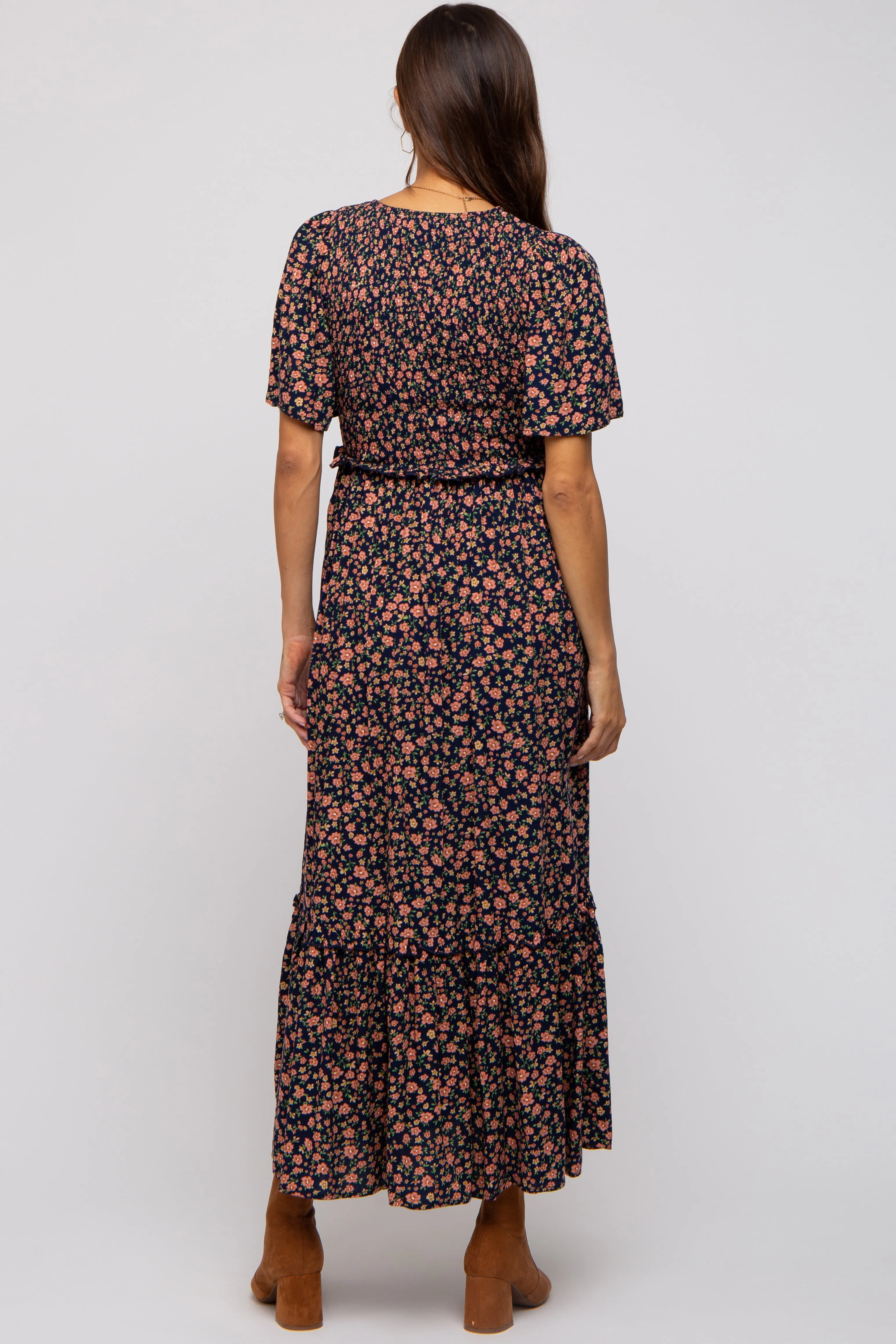 Navy Blue Floral Smocked Flutter Short Sleeve Maternity Midi Dress sold by Pinkblush product image thumbnail 3