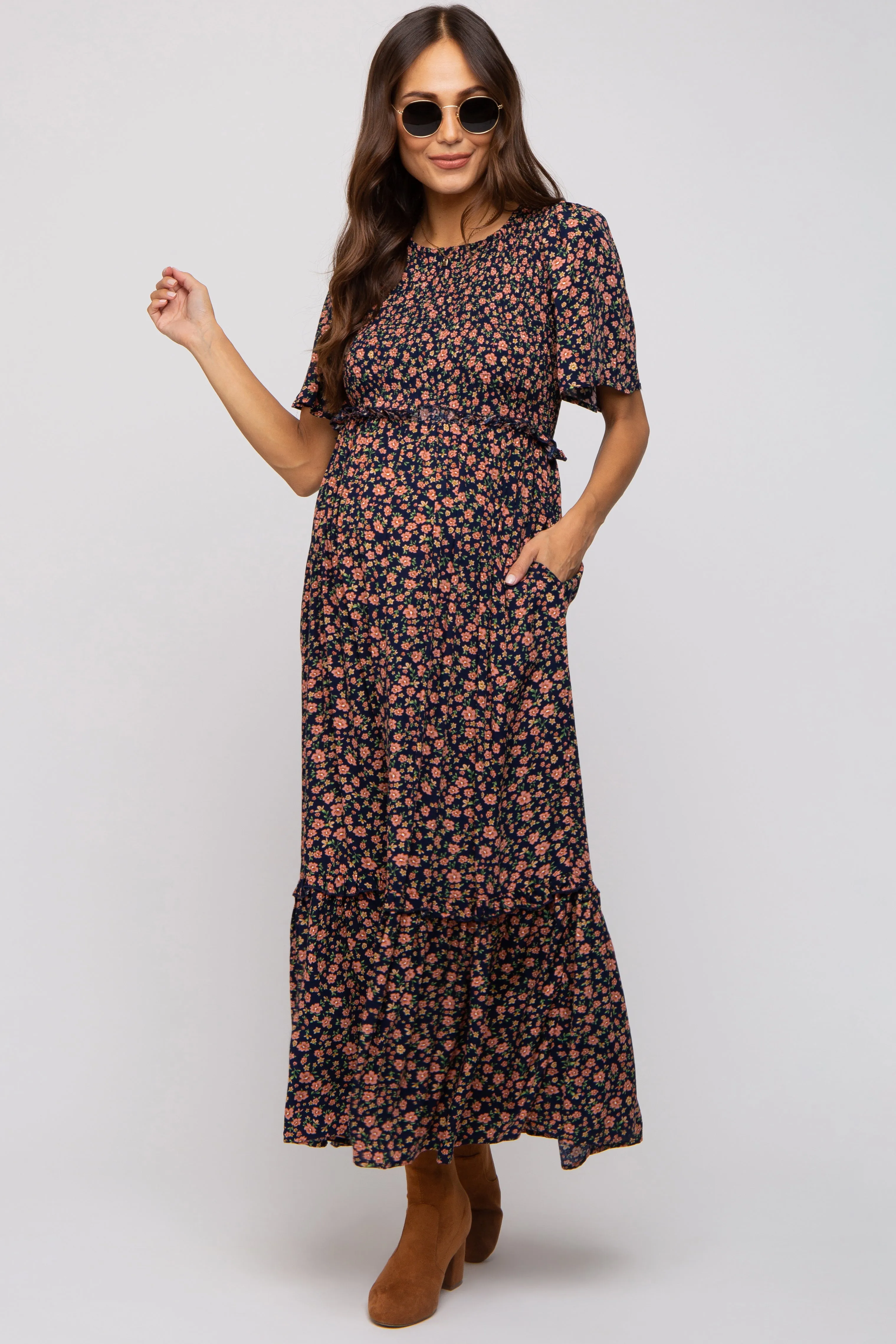 Navy Blue Floral Smocked Flutter Short Sleeve Maternity Midi Dress sold by Pinkblush