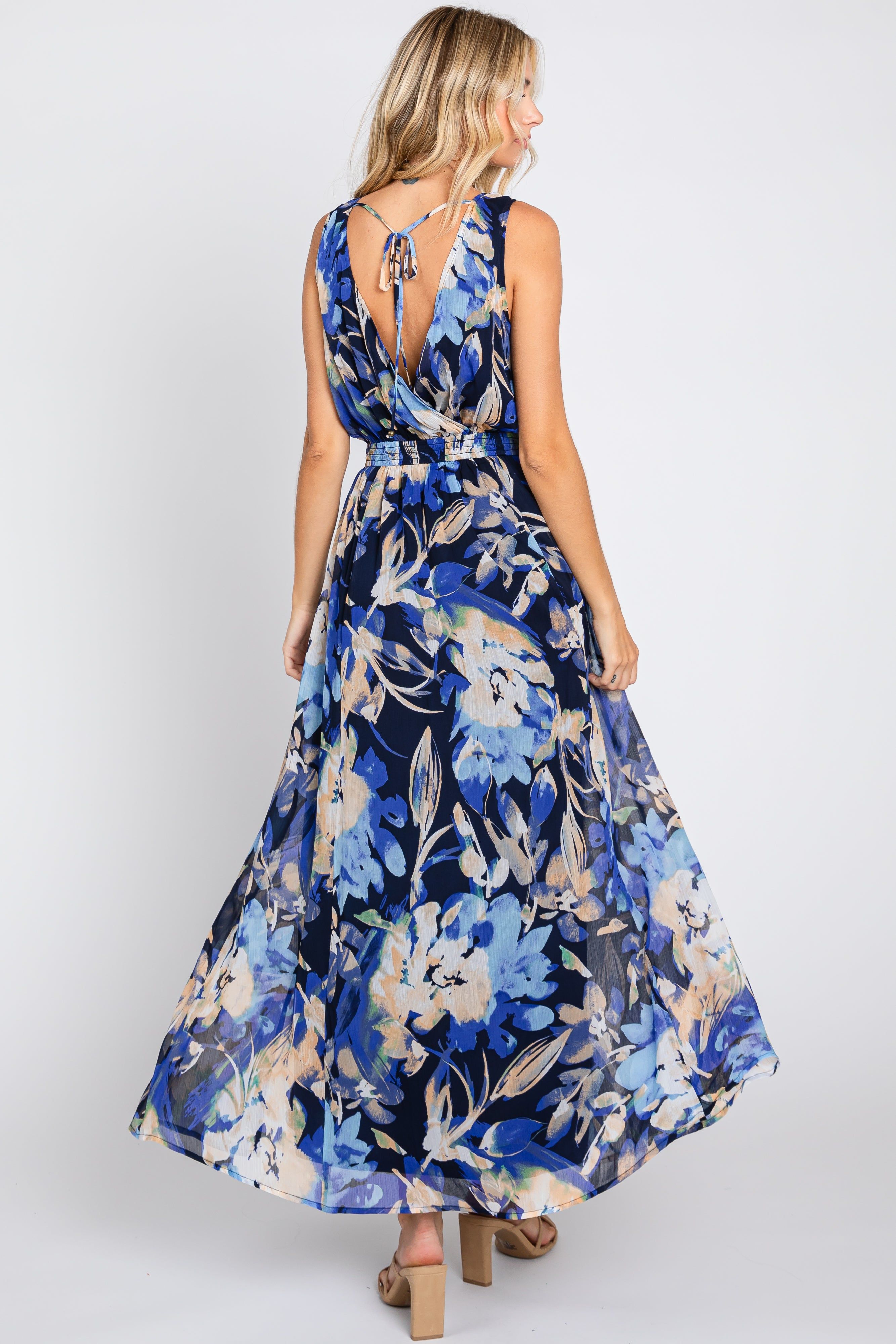 Navy Floral Pleated Waist Maxi Dress sold by Pinkblush product image thumbnail 3