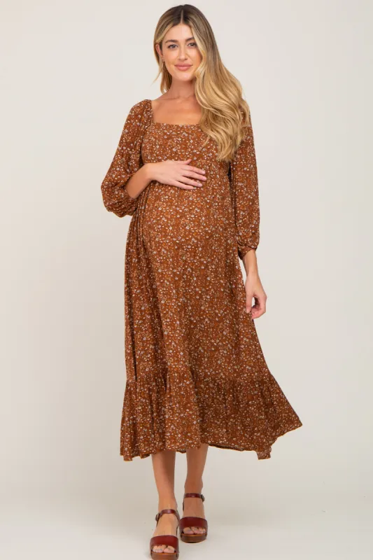 Camel Floral 3/4 Sleeve Maternity Midi Dress sold by Pinkblush