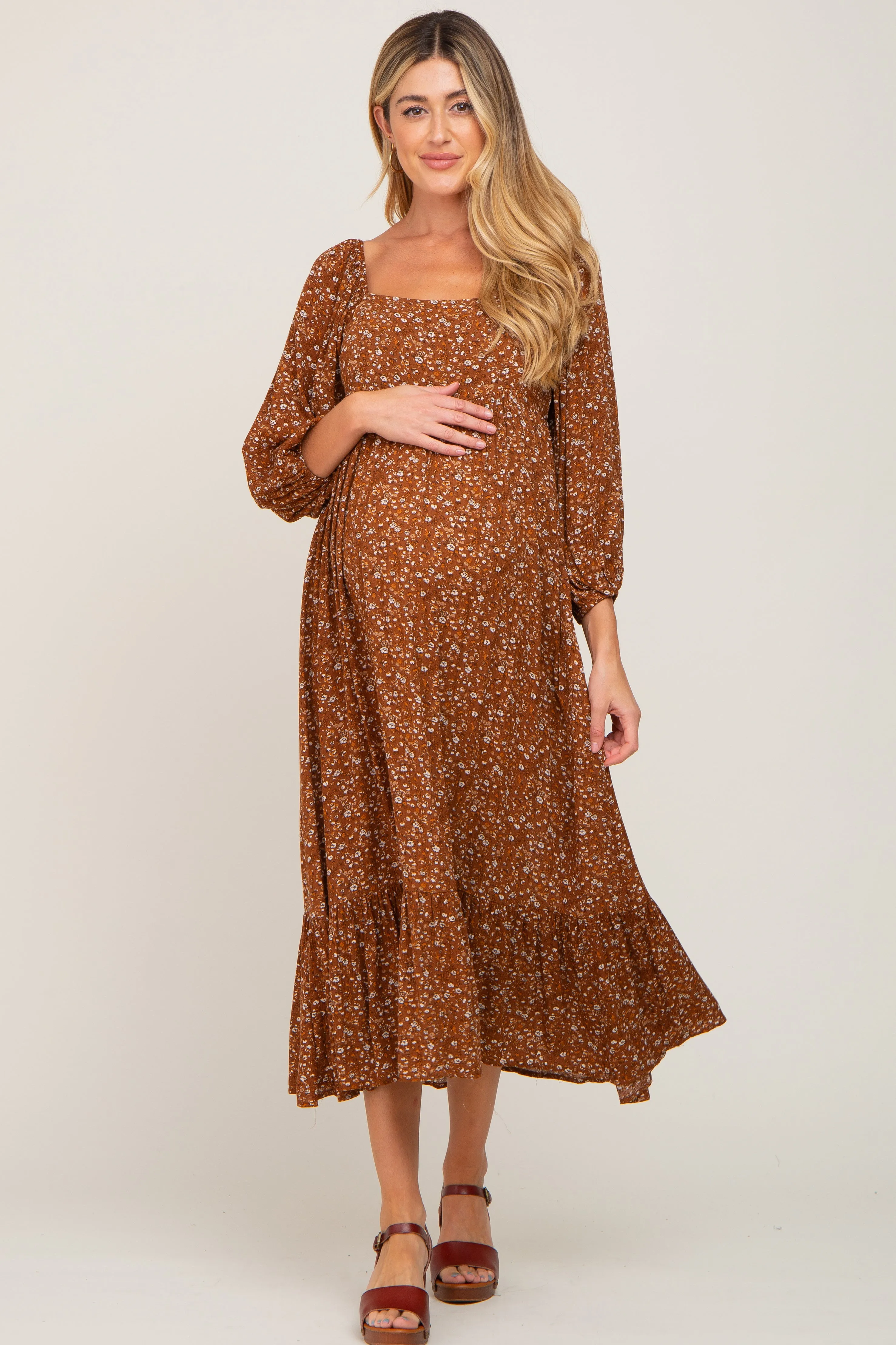Camel Floral 3/4 Sleeve Maternity Midi Dress sold by Pinkblush