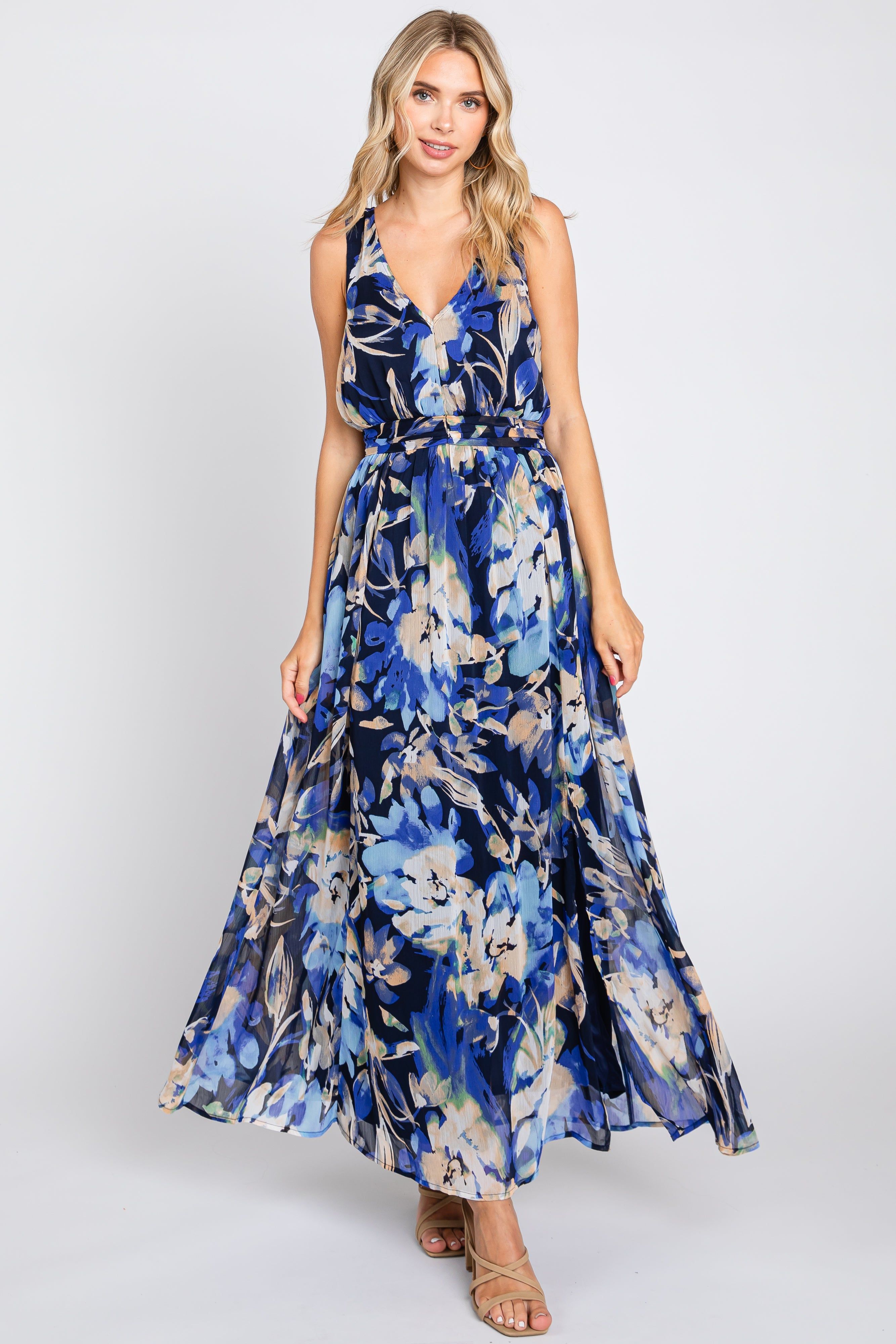 Navy Floral Pleated Waist Maxi Dress sold by Pinkblush