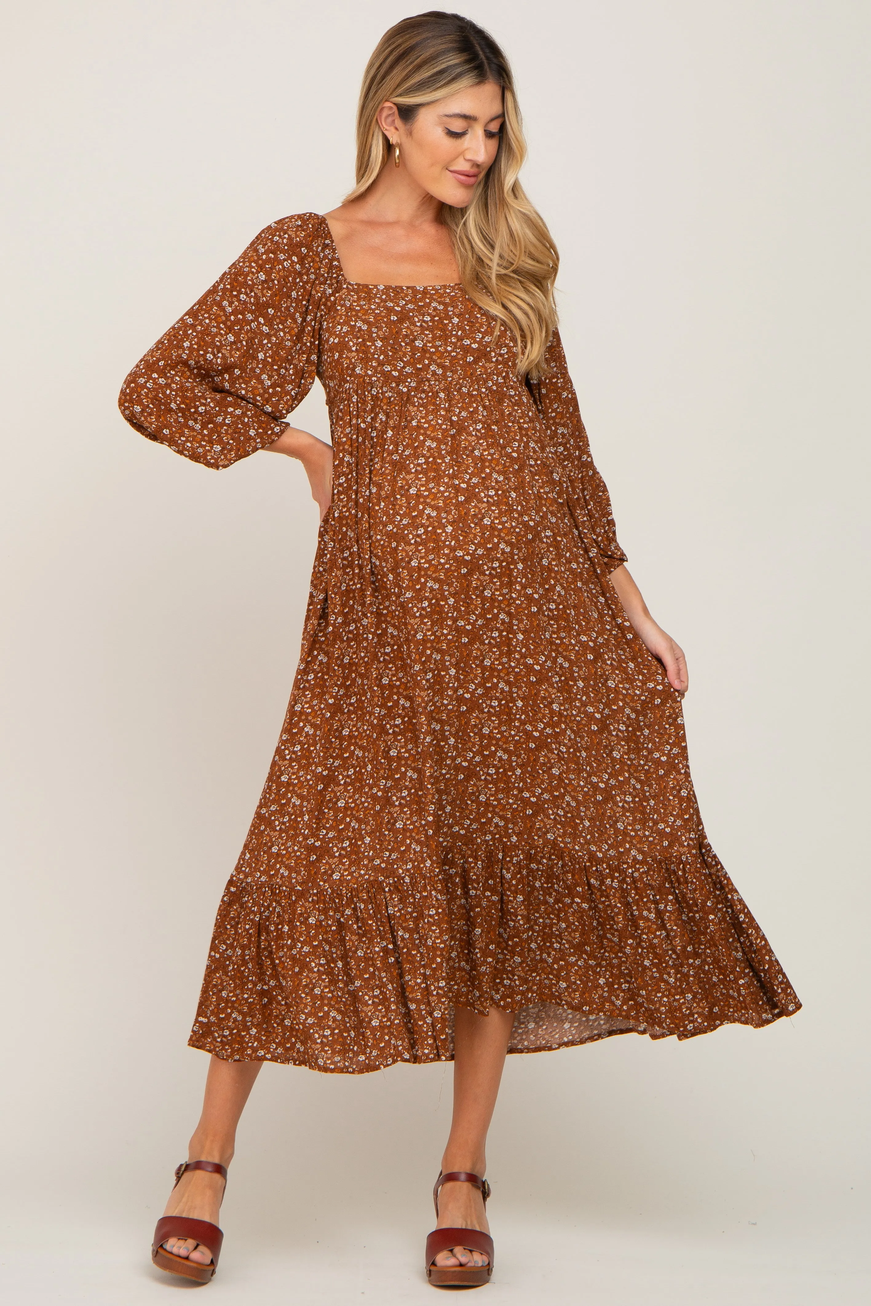 Camel Floral 3/4 Sleeve Maternity Midi Dress sold by Pinkblush product image thumbnail 5