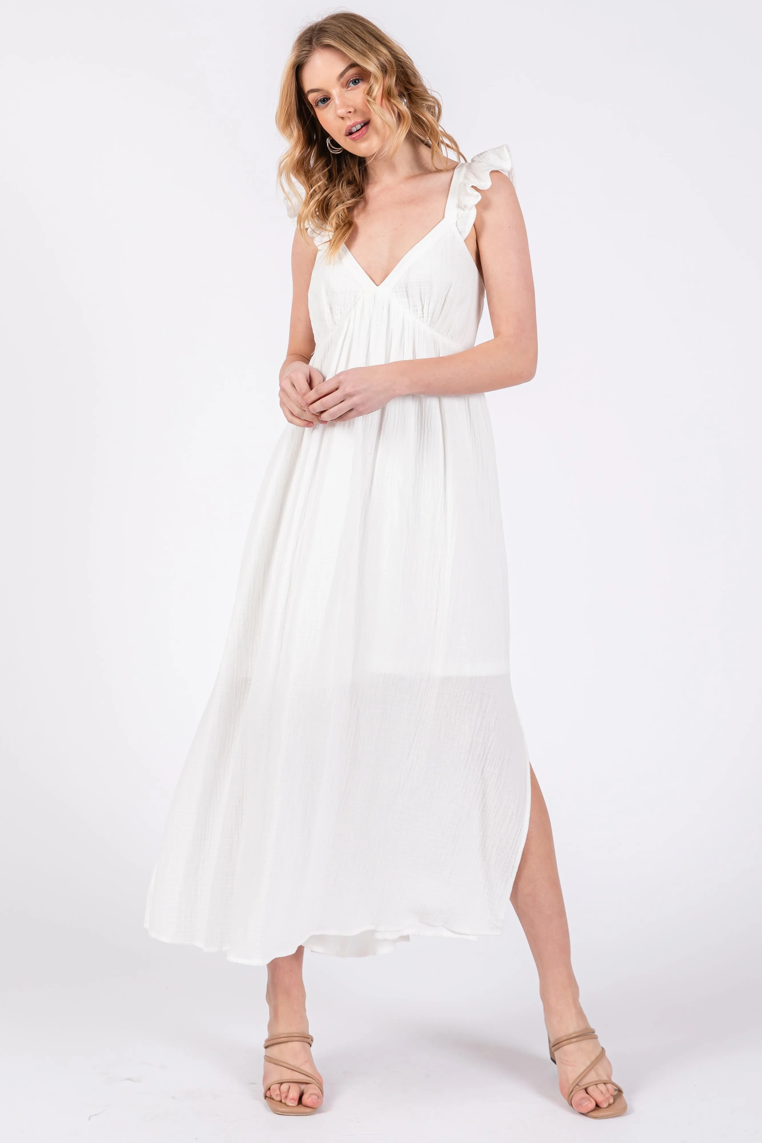 White Ruffle Strap Maternity Midi Dress sold by Pinkblush product image thumbnail 4