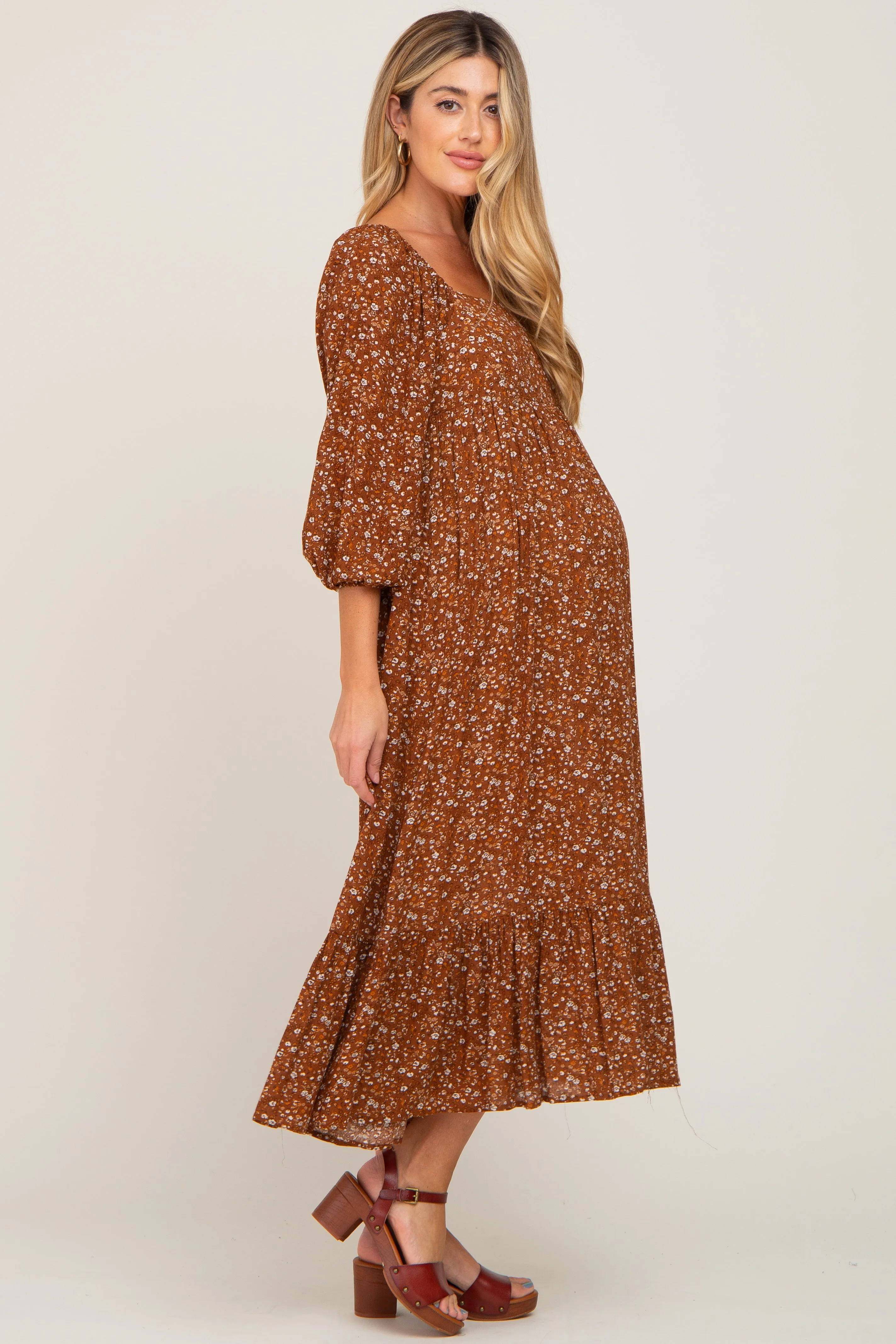 Camel Floral 3/4 Sleeve Maternity Midi Dress sold by Pinkblush product image thumbnail 2