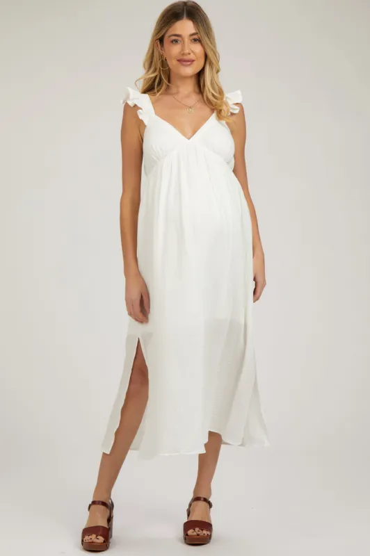 White Ruffle Strap Maternity Midi Dress sold by Pinkblush