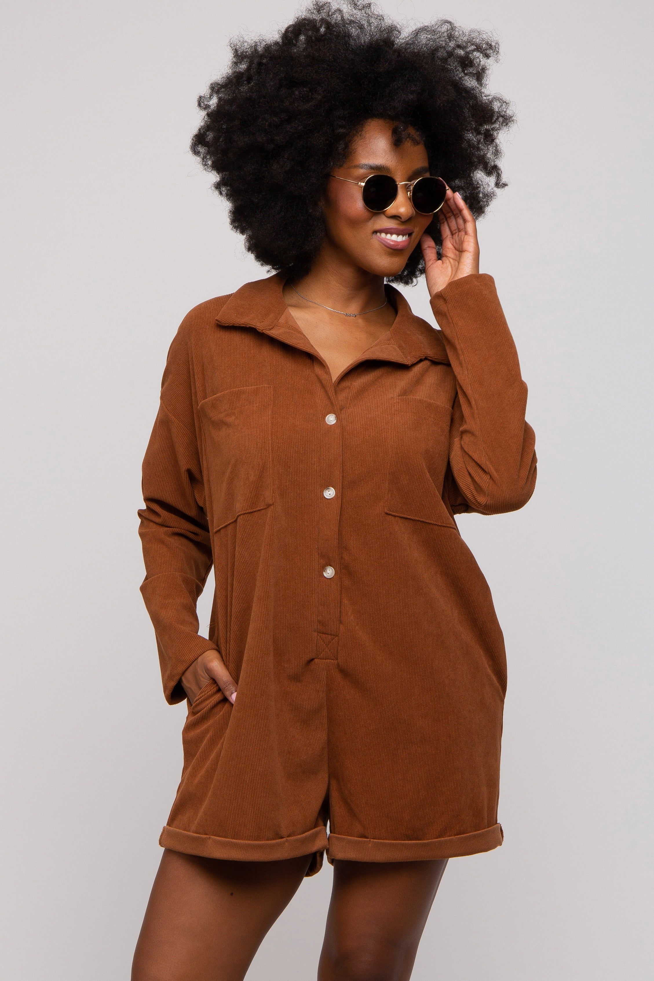 Camel Corduroy Button Up Front Pocket Romper sold by Pinkblush