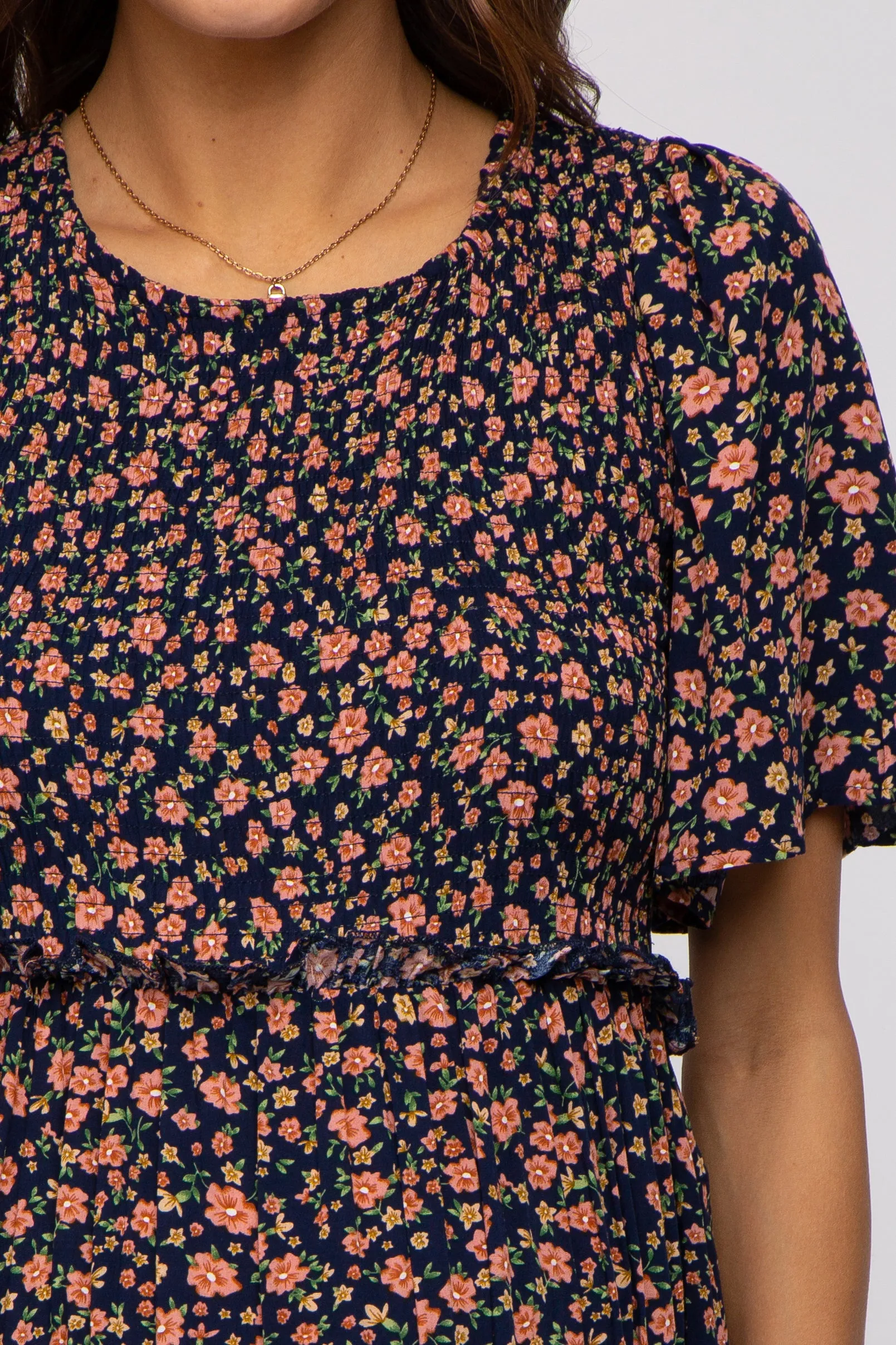 Navy Blue Floral Smocked Flutter Short Sleeve Maternity Midi Dress sold by Pinkblush product image thumbnail 4