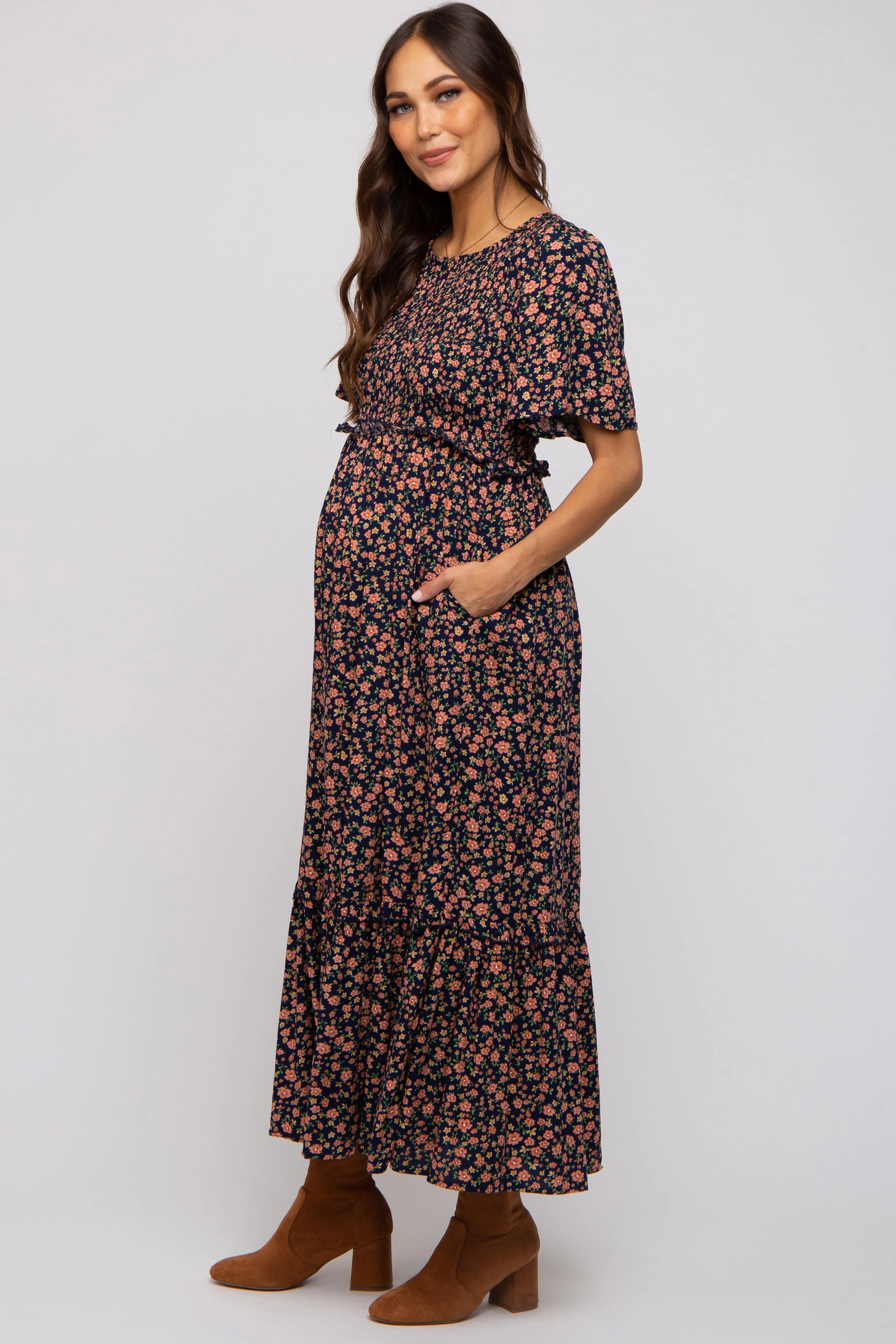 Navy Blue Floral Smocked Flutter Short Sleeve Maternity Midi Dress sold by Pinkblush product image thumbnail 2
