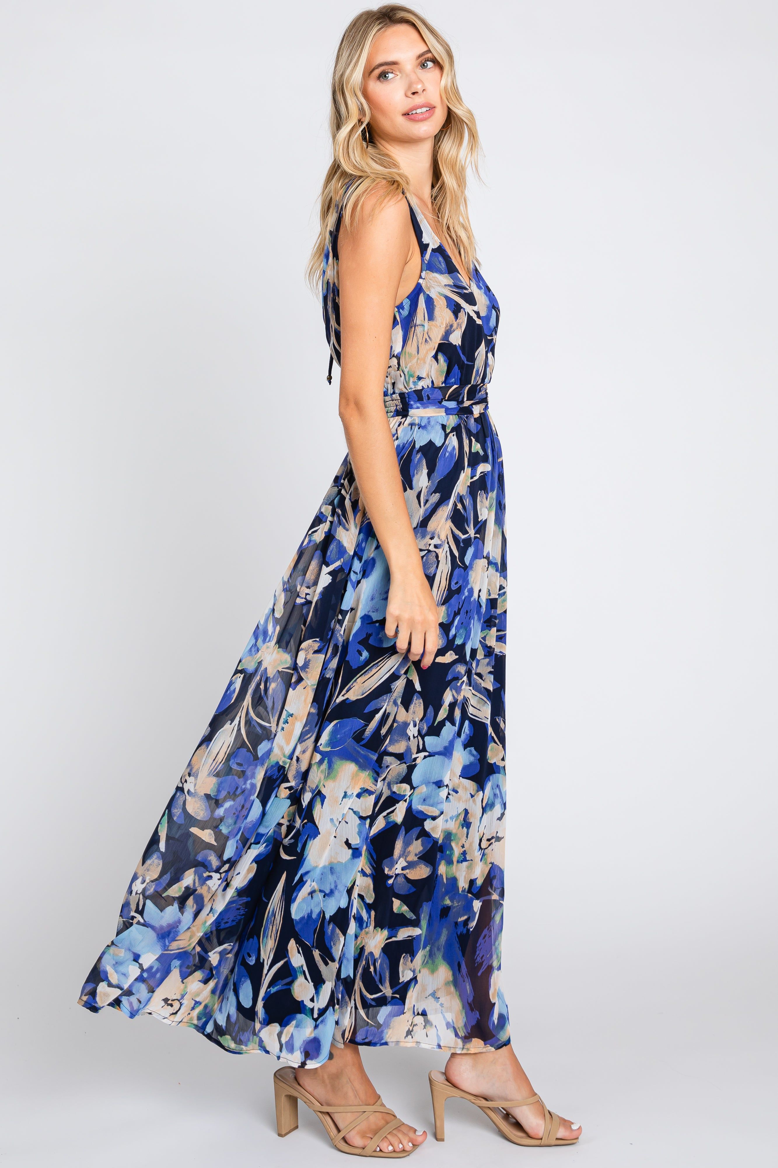 Navy Floral Pleated Waist Maxi Dress sold by Pinkblush product image thumbnail 2