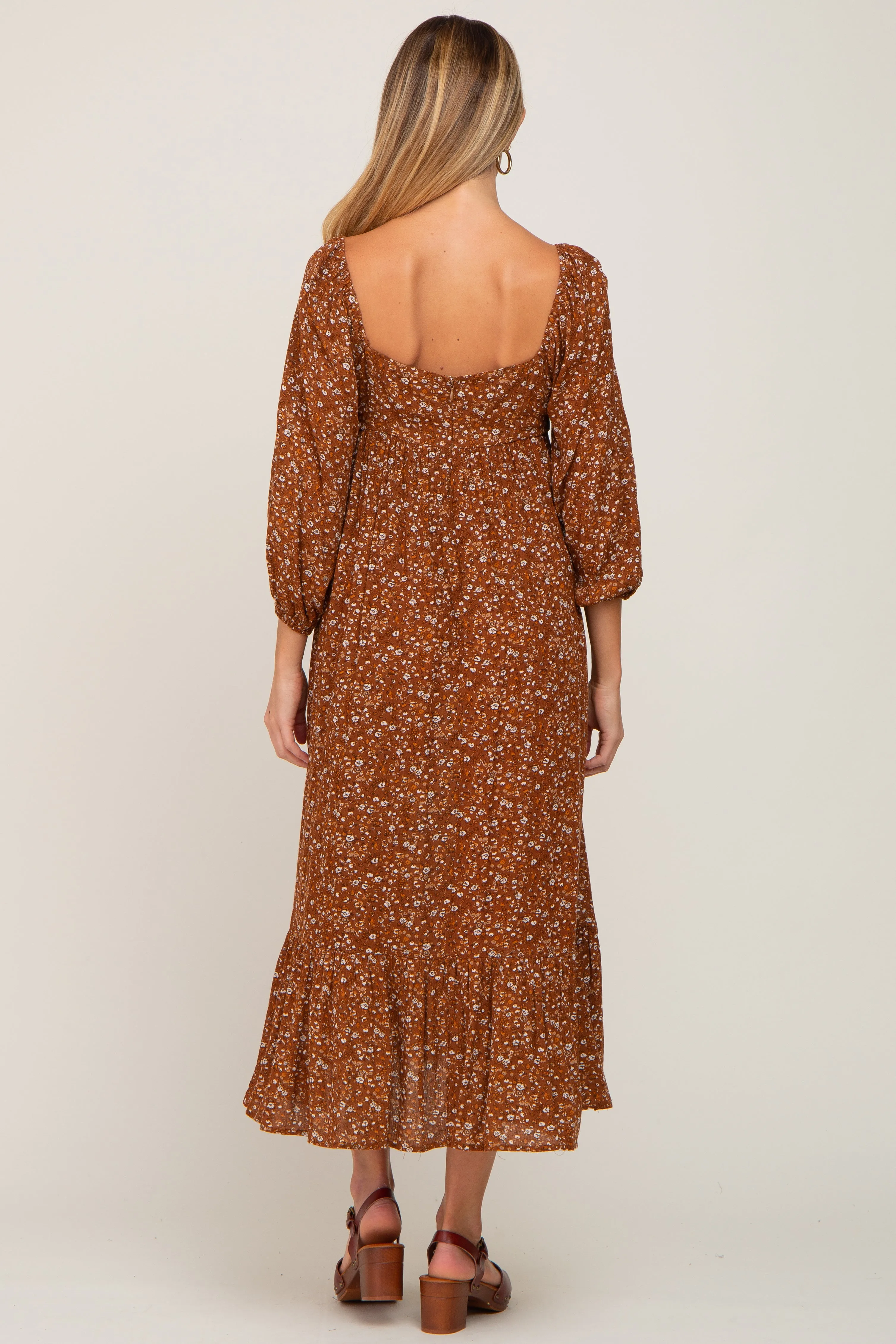Camel Floral 3/4 Sleeve Maternity Midi Dress sold by Pinkblush product image thumbnail 3