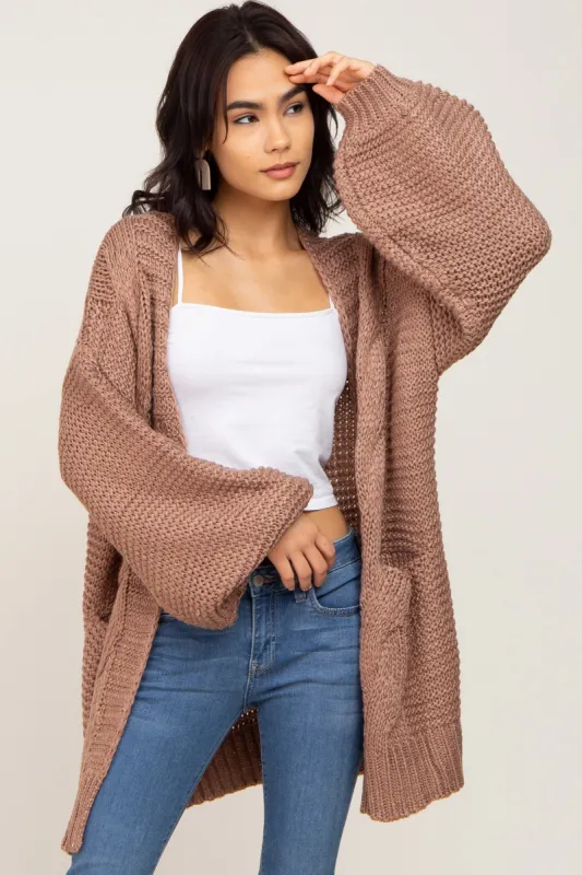 Brown Cable Knit Front Pocket Cardigan sold by Pinkblush