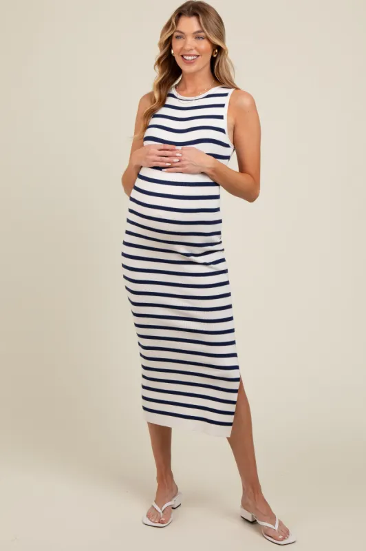 White Navy Striped Knit Sleeveless Side Slit Maternity Midi Dress sold by Pinkblush