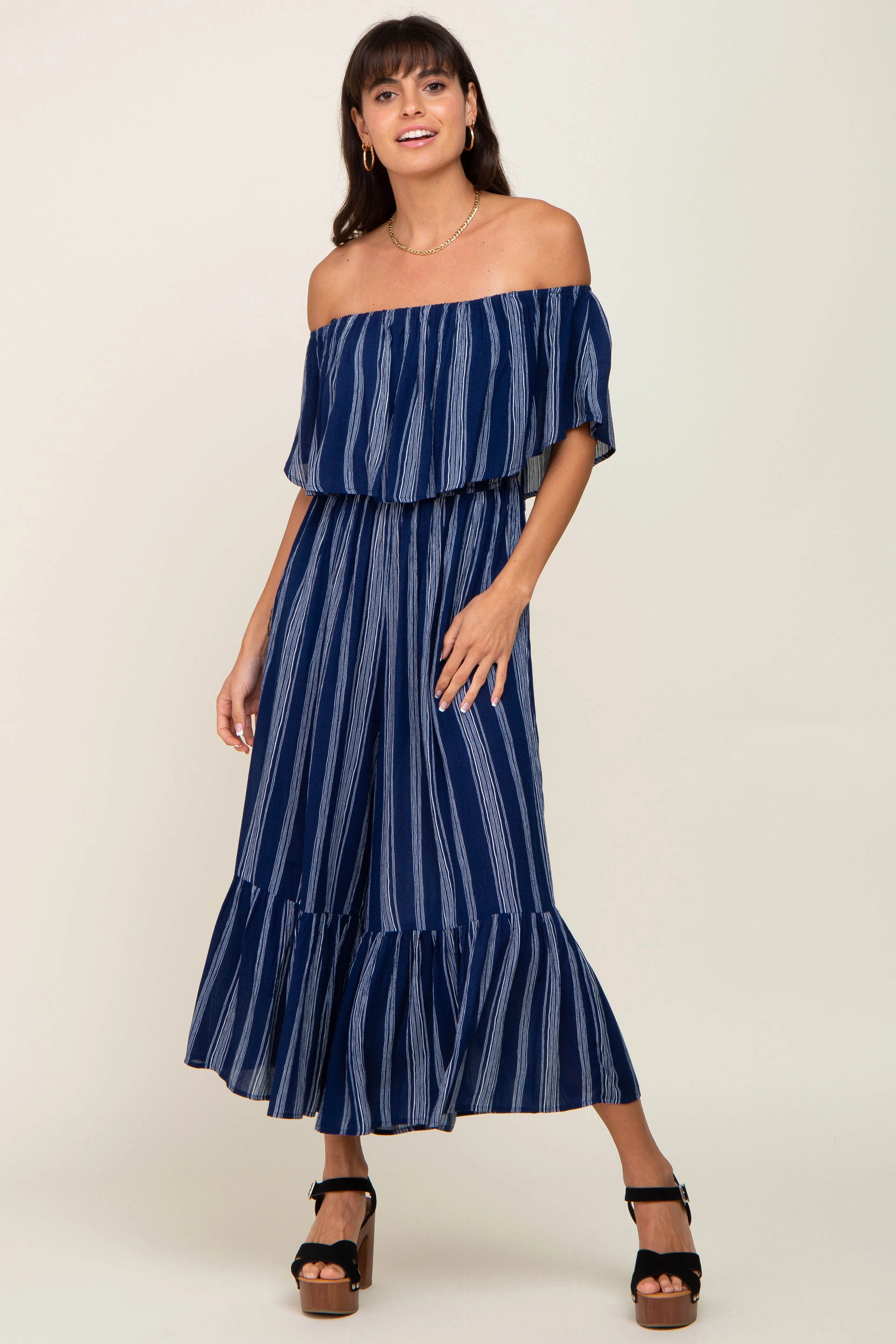 Navy Striped Off Shoulder Jumpsuit sold by Pinkblush product image thumbnail 4