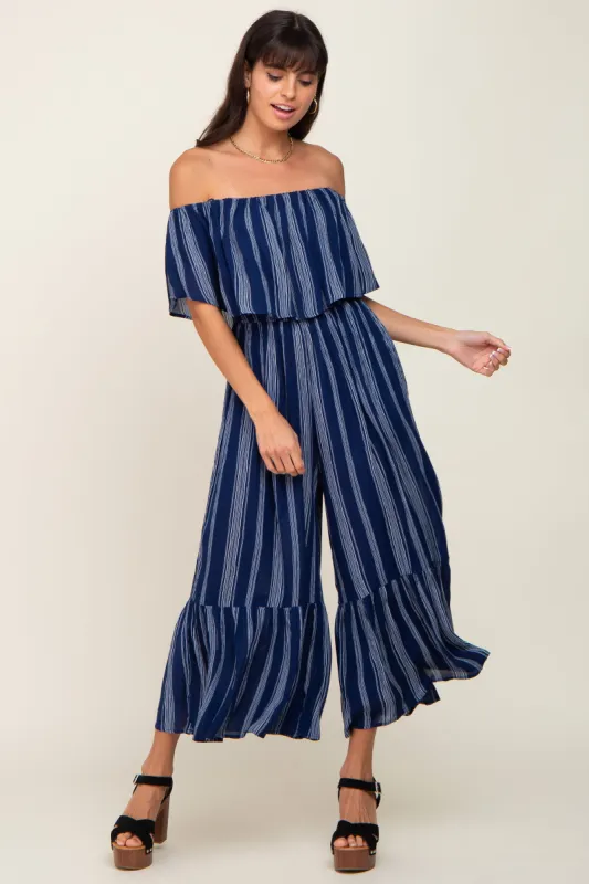 Navy Striped Off Shoulder Jumpsuit sold by Pinkblush