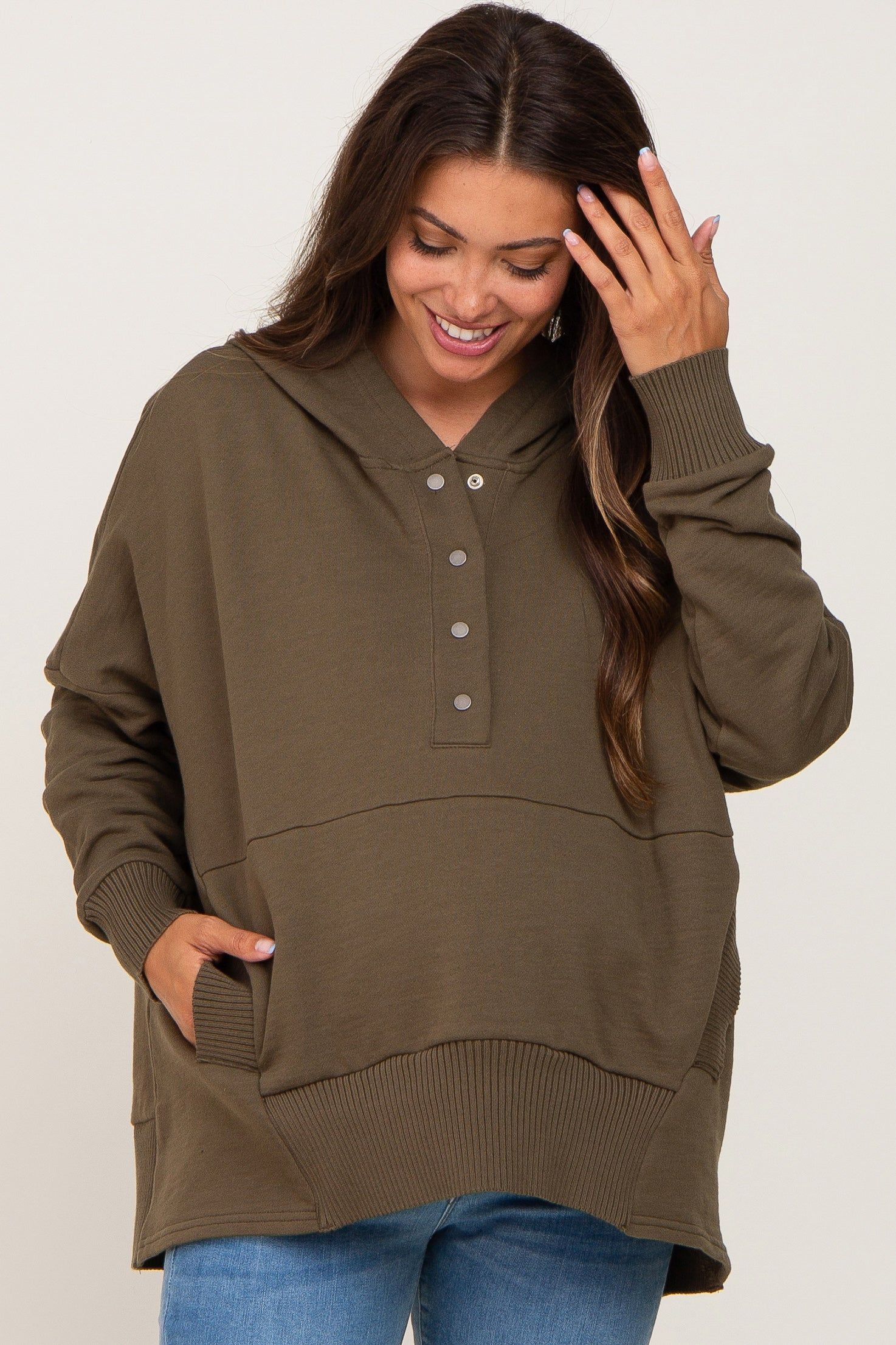 Olive Button Front Ribbed Trim Hooded Maternity Sweatshirt sold by Pinkblush product image thumbnail 2