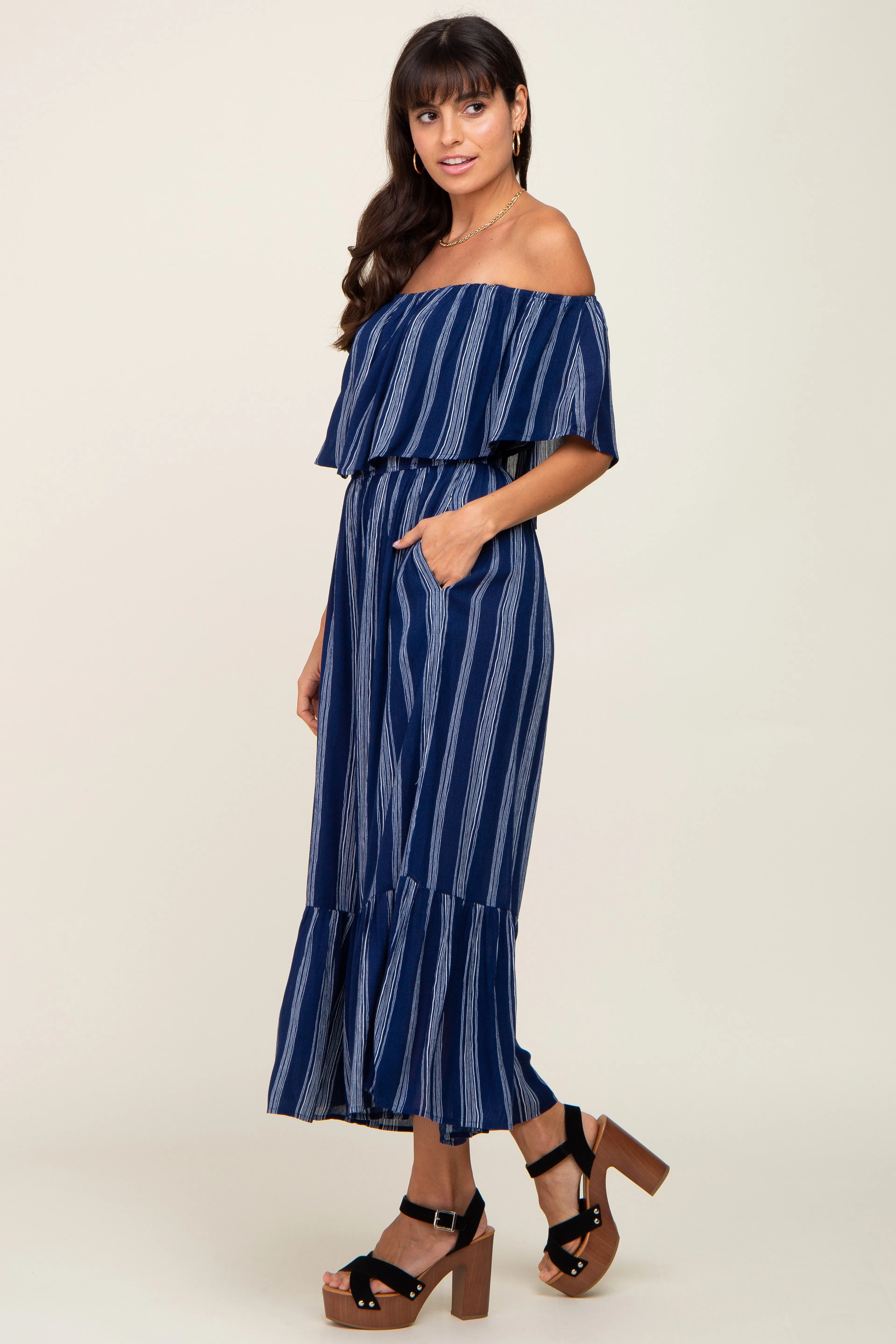 Navy Striped Off Shoulder Jumpsuit sold by Pinkblush product image thumbnail 2