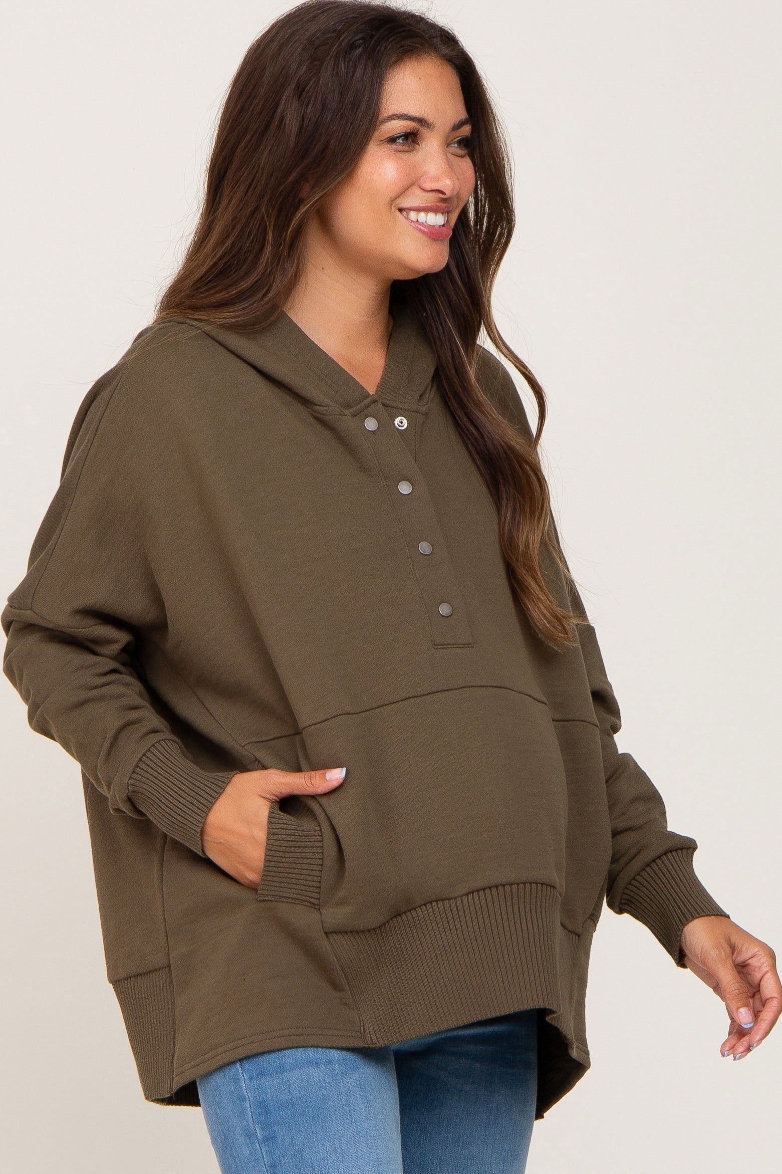 Olive Button Front Ribbed Trim Hooded Maternity Sweatshirt sold by Pinkblush product image thumbnail 3