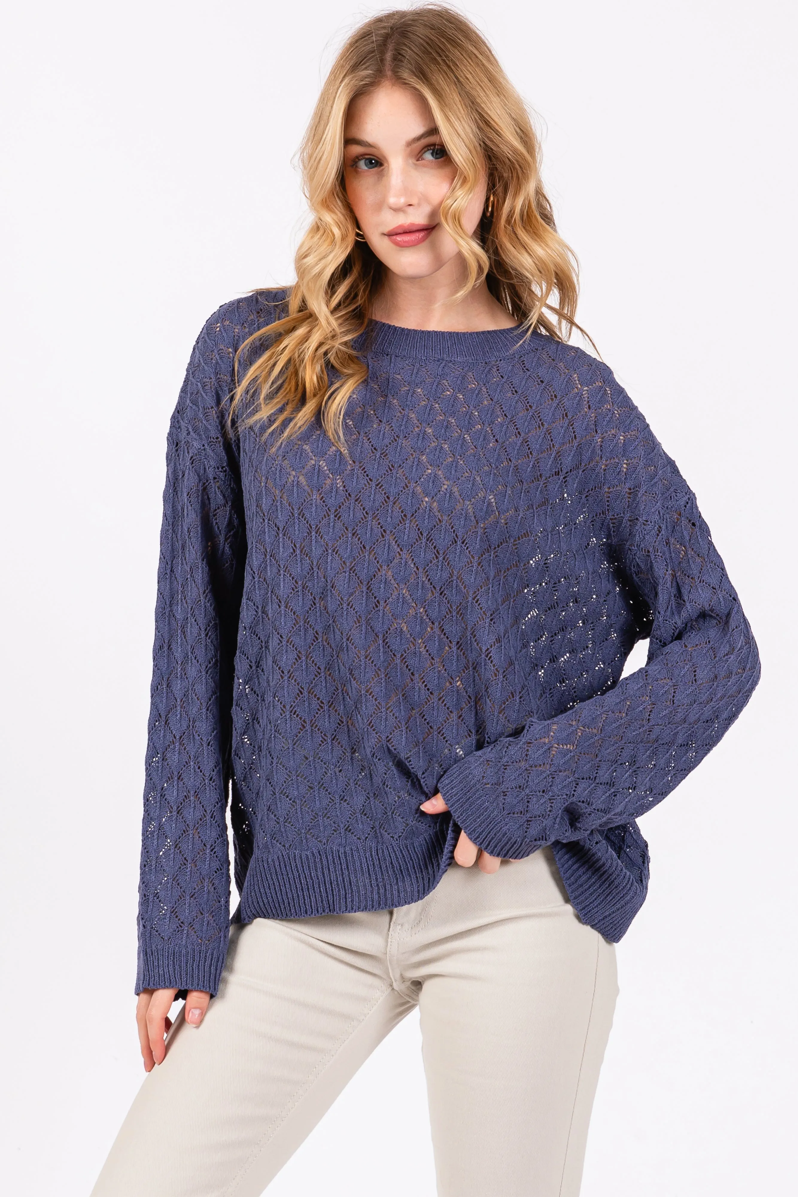 Navy Diamond Open Knit Top sold by Pinkblush