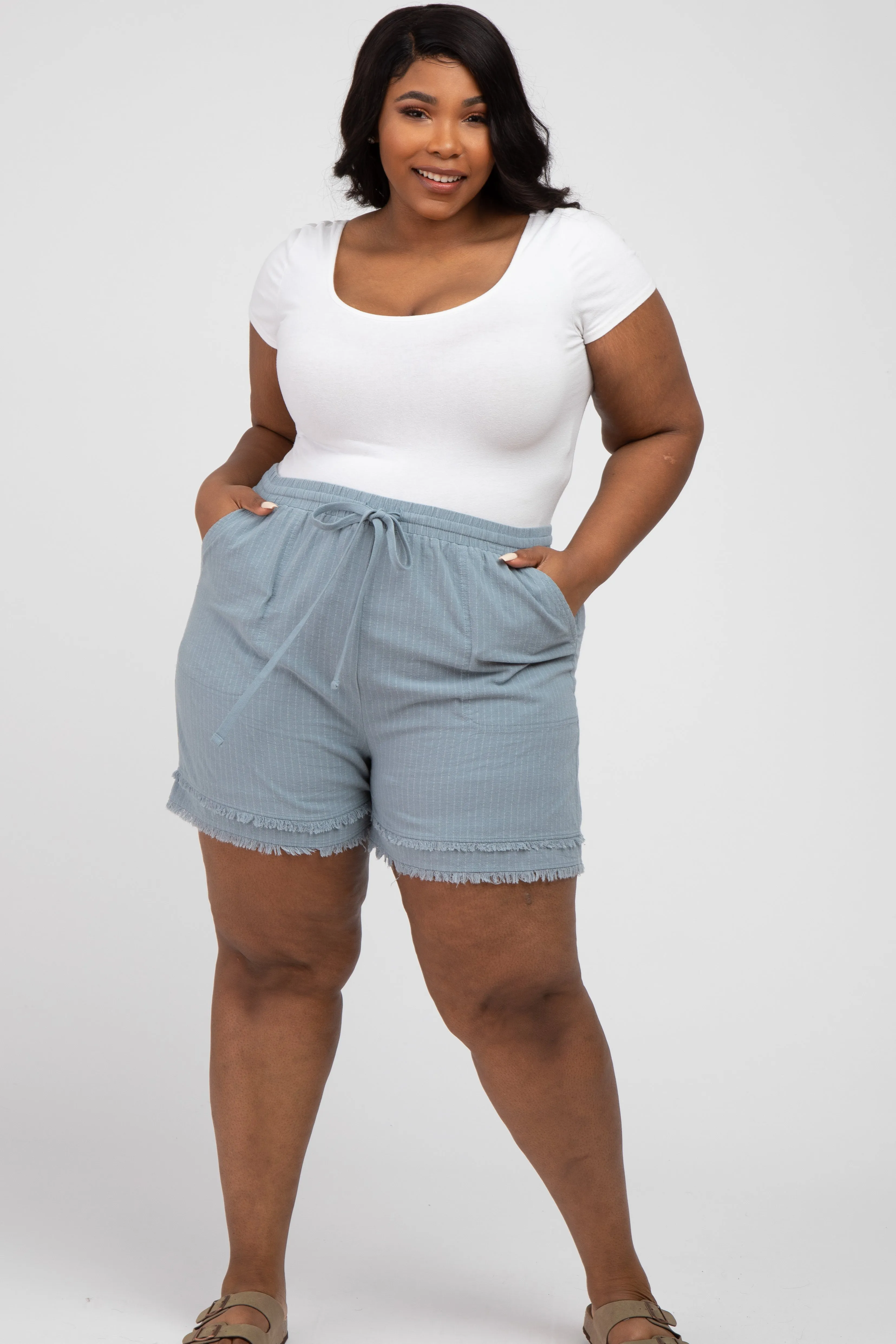 Light Blue Striped Fringe Hem Maternity Plus Shorts sold by Pinkblush product image thumbnail 5