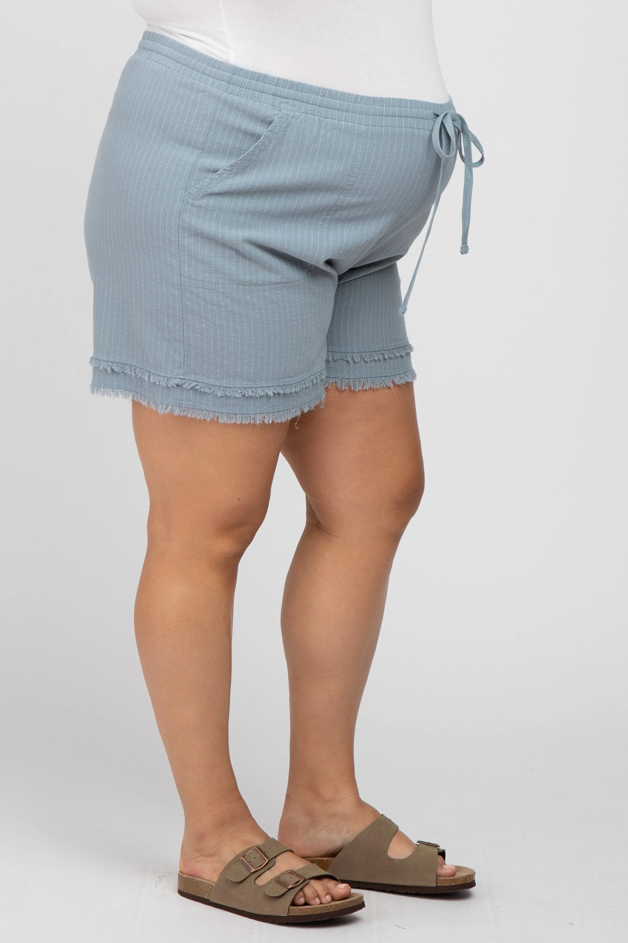 Light Blue Striped Fringe Hem Maternity Plus Shorts sold by Pinkblush product image thumbnail 3