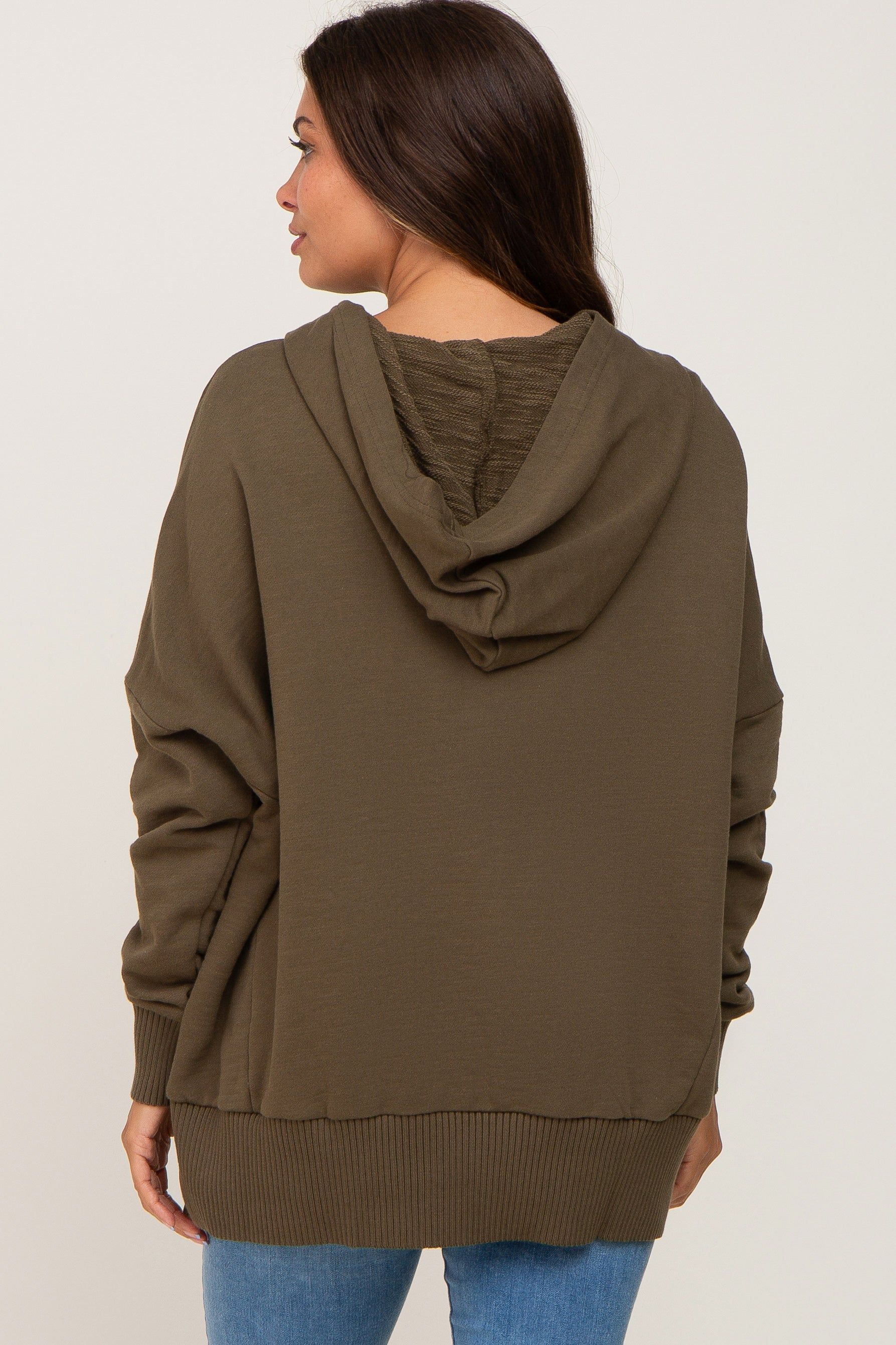 Olive Button Front Ribbed Trim Hooded Maternity Sweatshirt sold by Pinkblush product image thumbnail 4