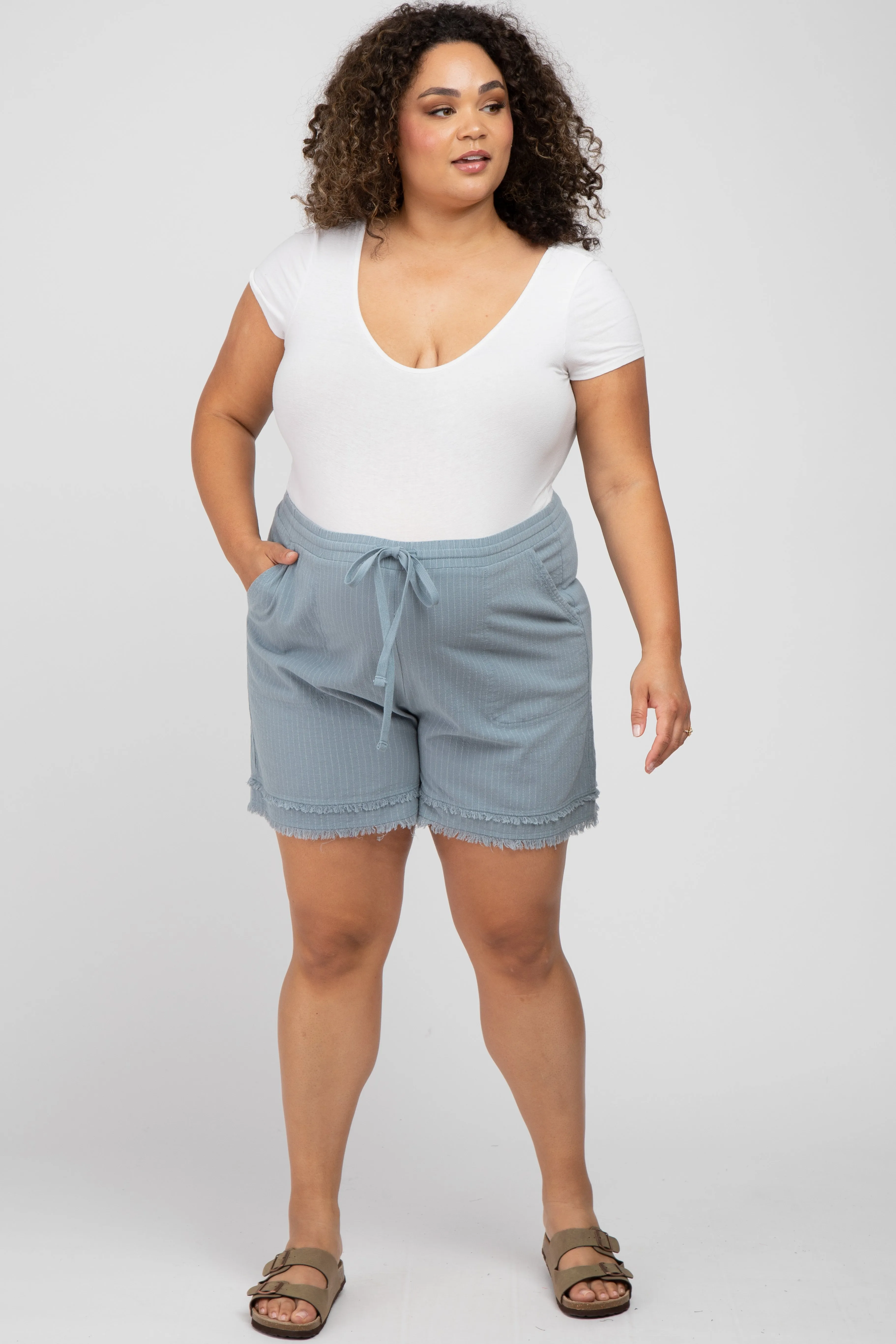 Light Blue Striped Fringe Hem Maternity Plus Shorts sold by Pinkblush