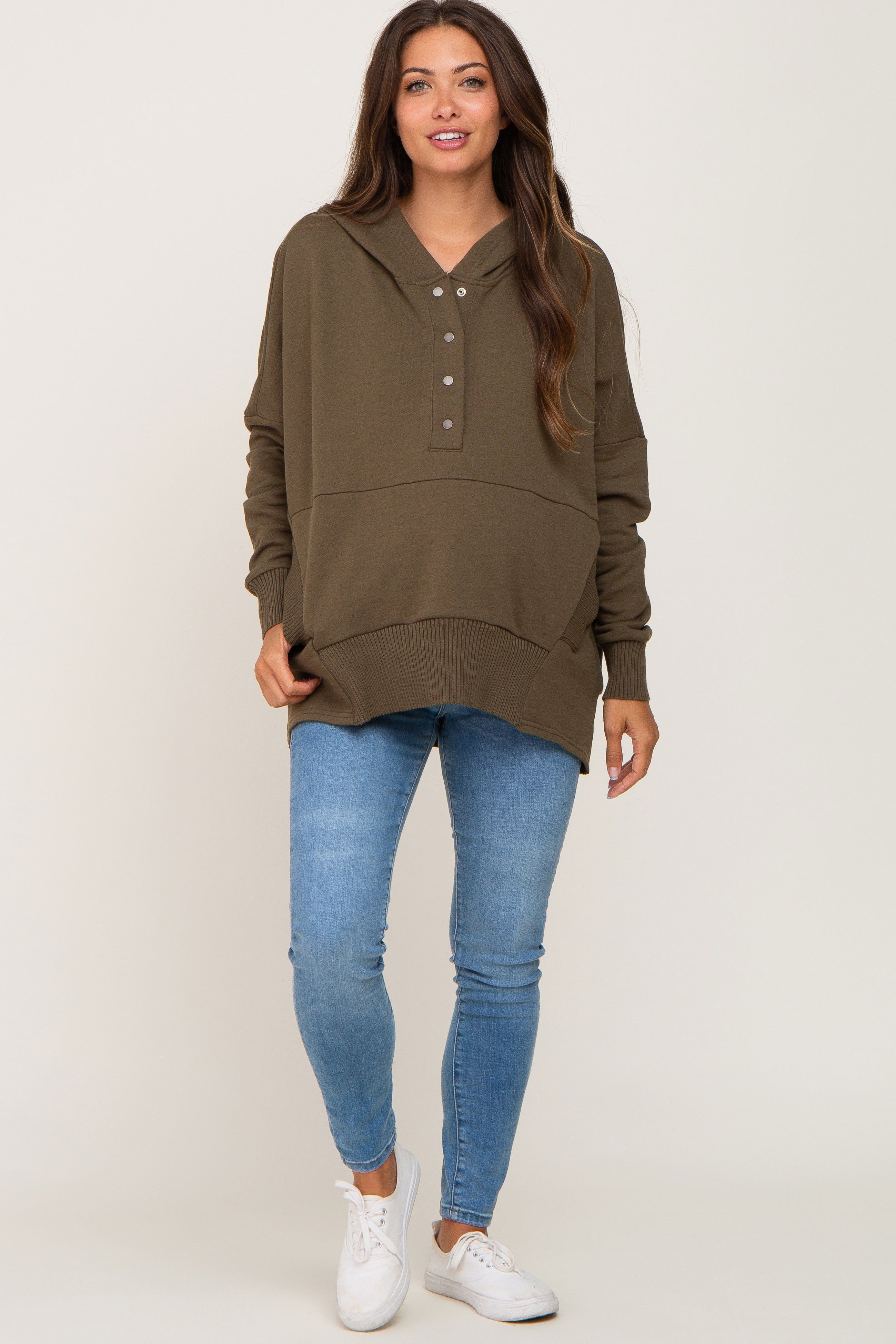 Olive Button Front Ribbed Trim Hooded Maternity Sweatshirt sold by Pinkblush
