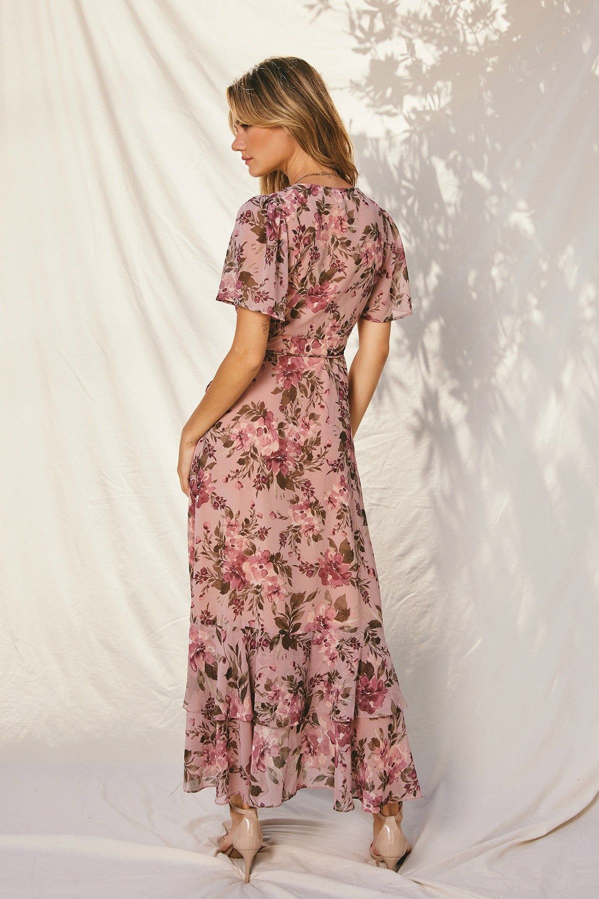 Mauve Floral Double Ruffled Hem Wrap Dress sold by Pinkblush product image thumbnail 2
