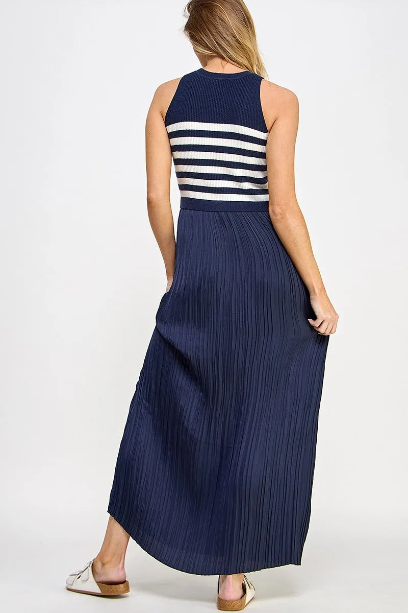 Navy Striped Contrast Knit Pleated Maxi Dress sold by Pinkblush product image thumbnail 4