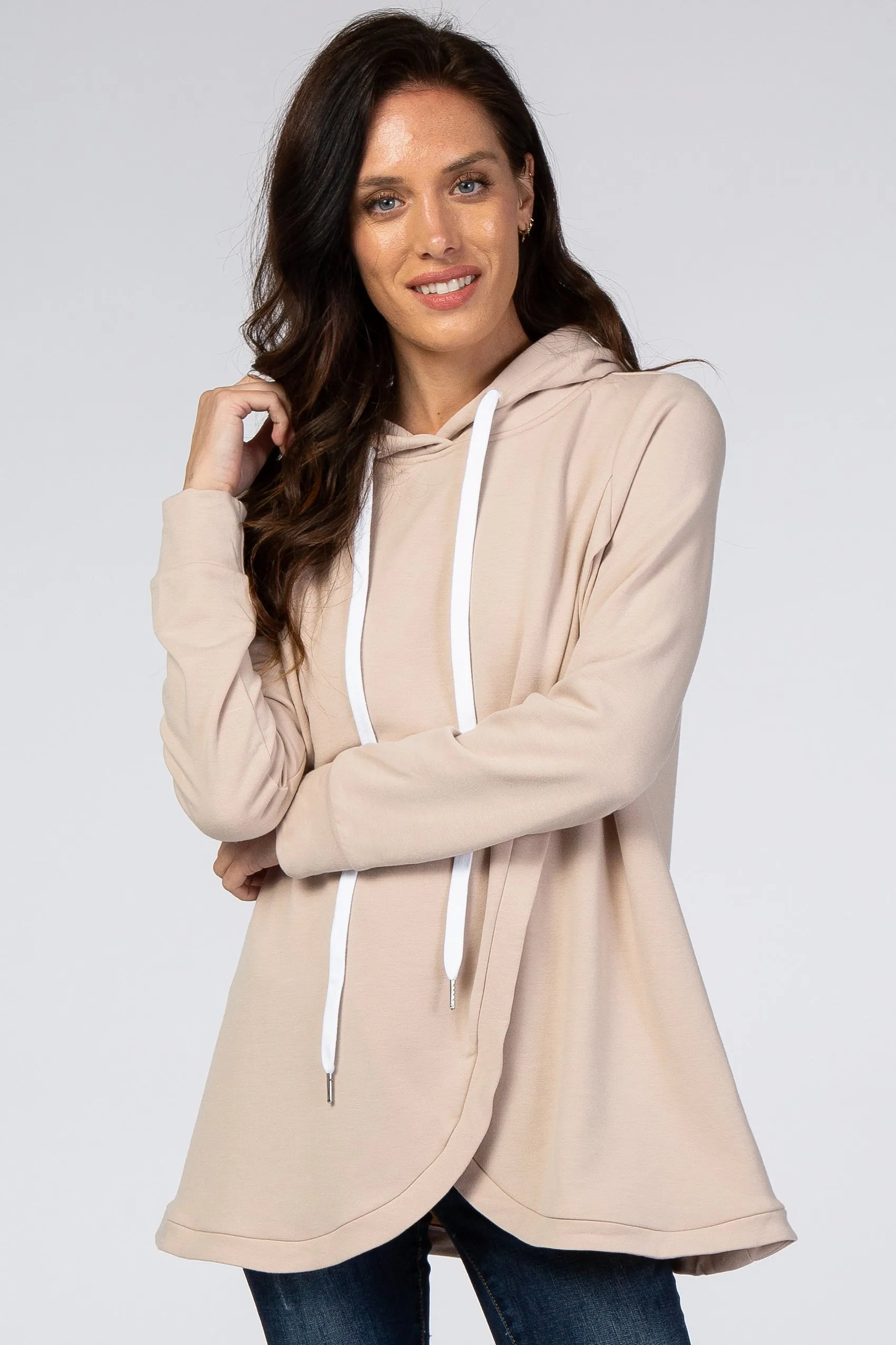 Light Taupe Layered Front Nursing Fleece Hoodie sold by Pinkblush