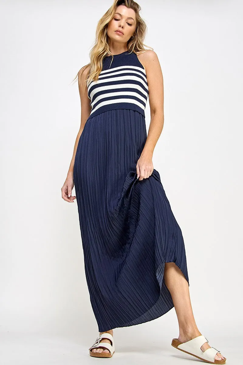 Navy Striped Contrast Knit Pleated Maxi Dress sold by Pinkblush