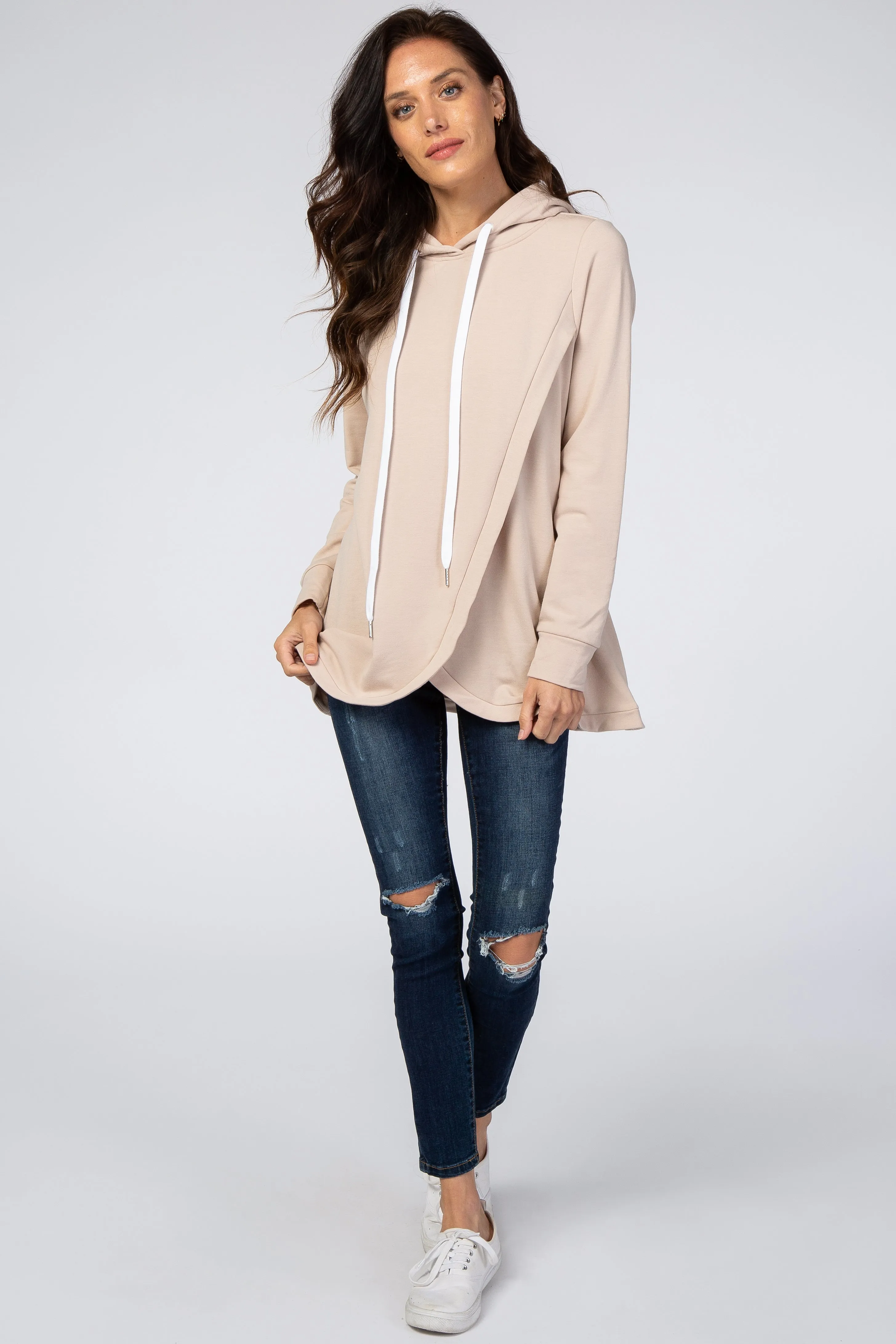 Light Taupe Layered Front Nursing Fleece Hoodie sold by Pinkblush product image thumbnail 5