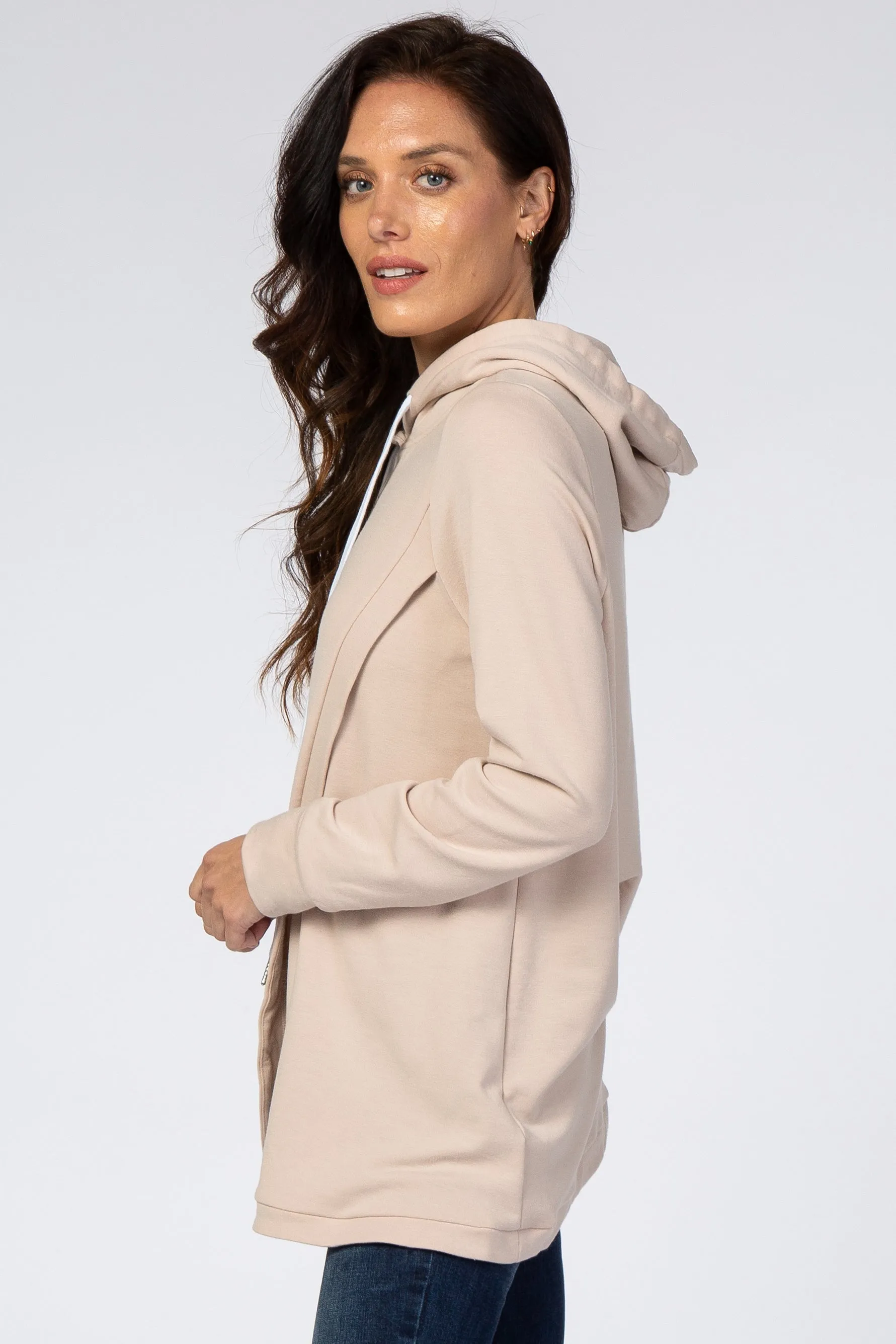 Light Taupe Layered Front Nursing Fleece Hoodie sold by Pinkblush product image thumbnail 2