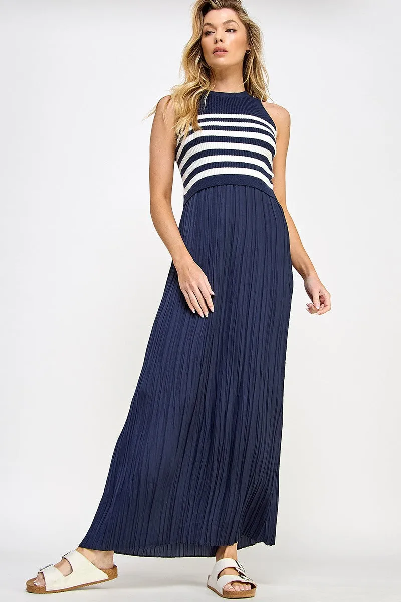 Navy Striped Contrast Knit Pleated Maxi Dress sold by Pinkblush product image thumbnail 2