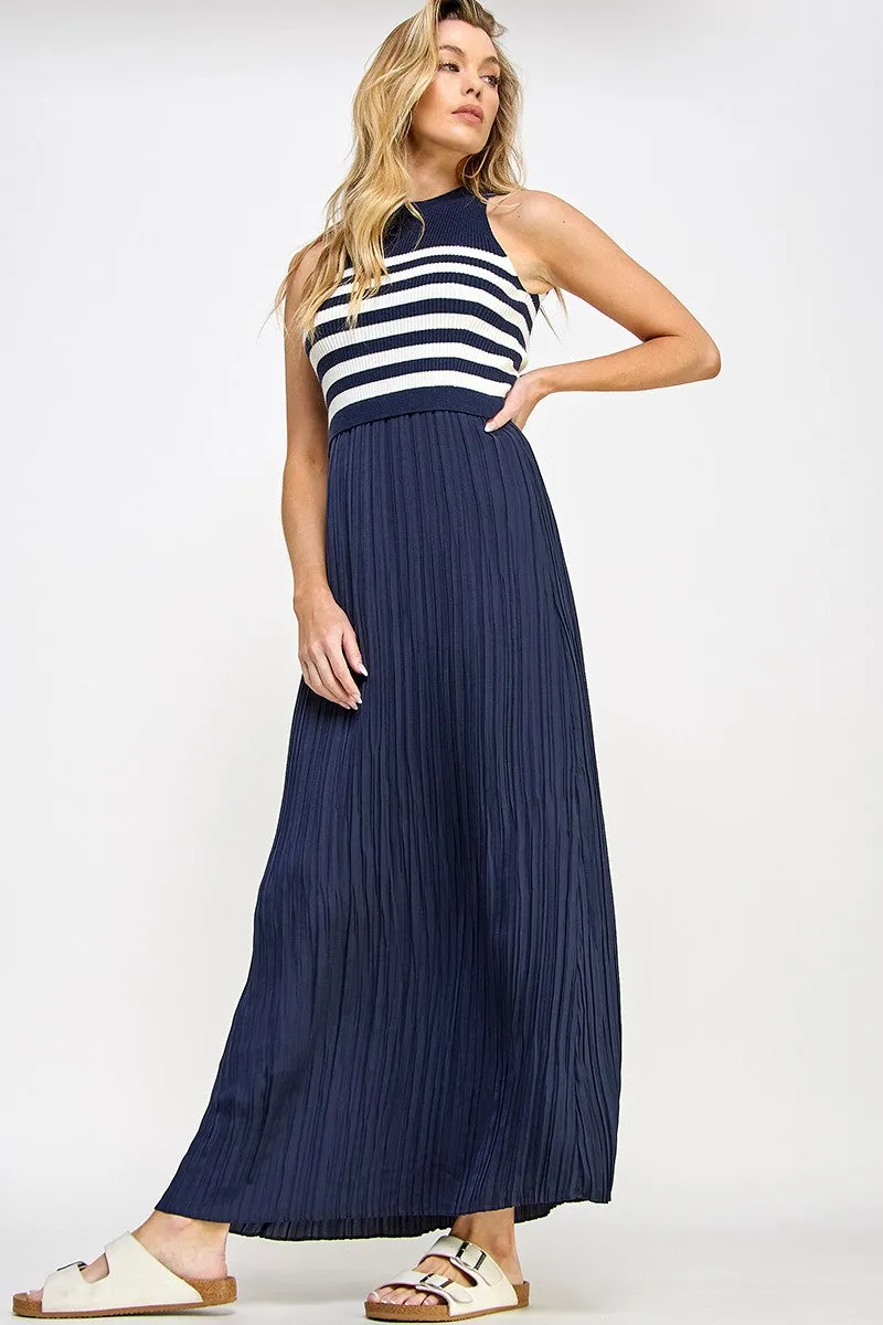 Navy Striped Contrast Knit Pleated Maxi Dress sold by Pinkblush product image thumbnail 3