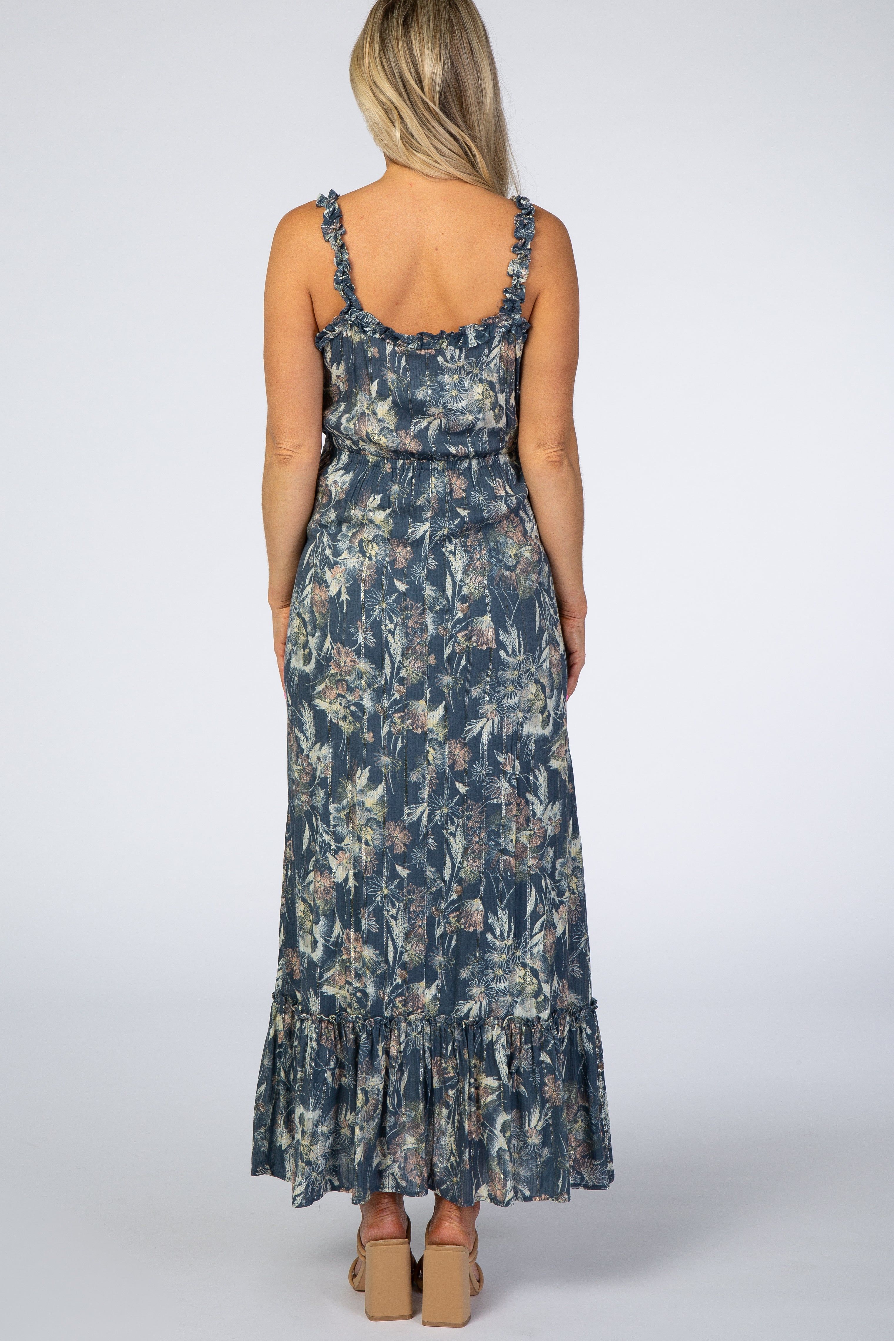 Blue Floral Shimmer Lace-Up Maternity Maxi Dress sold by Pinkblush product image thumbnail 4
