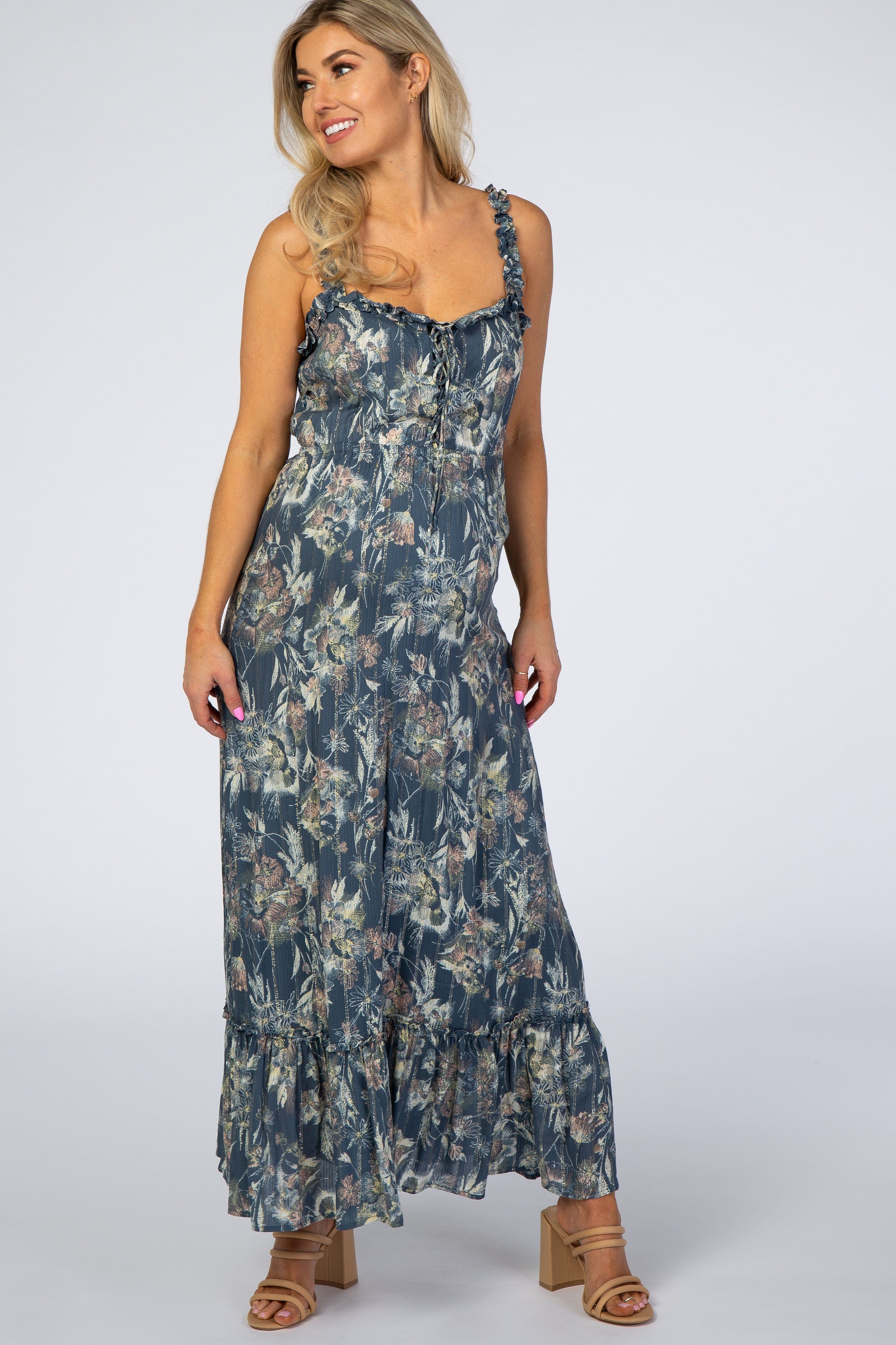 Blue Floral Shimmer Lace-Up Maternity Maxi Dress sold by Pinkblush