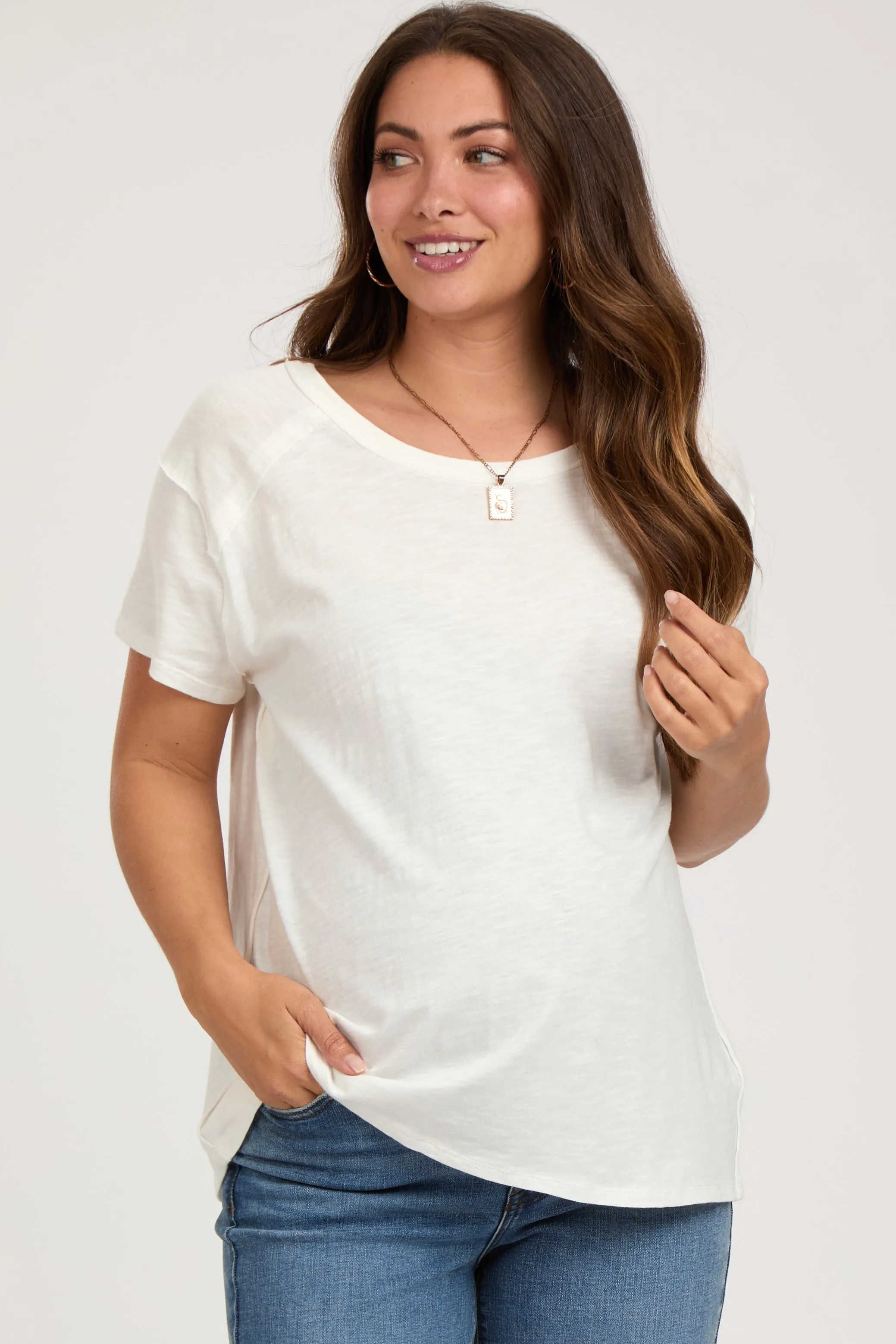 Ivory Raw Hem Maternity Short Sleeve Top sold by Pinkblush
