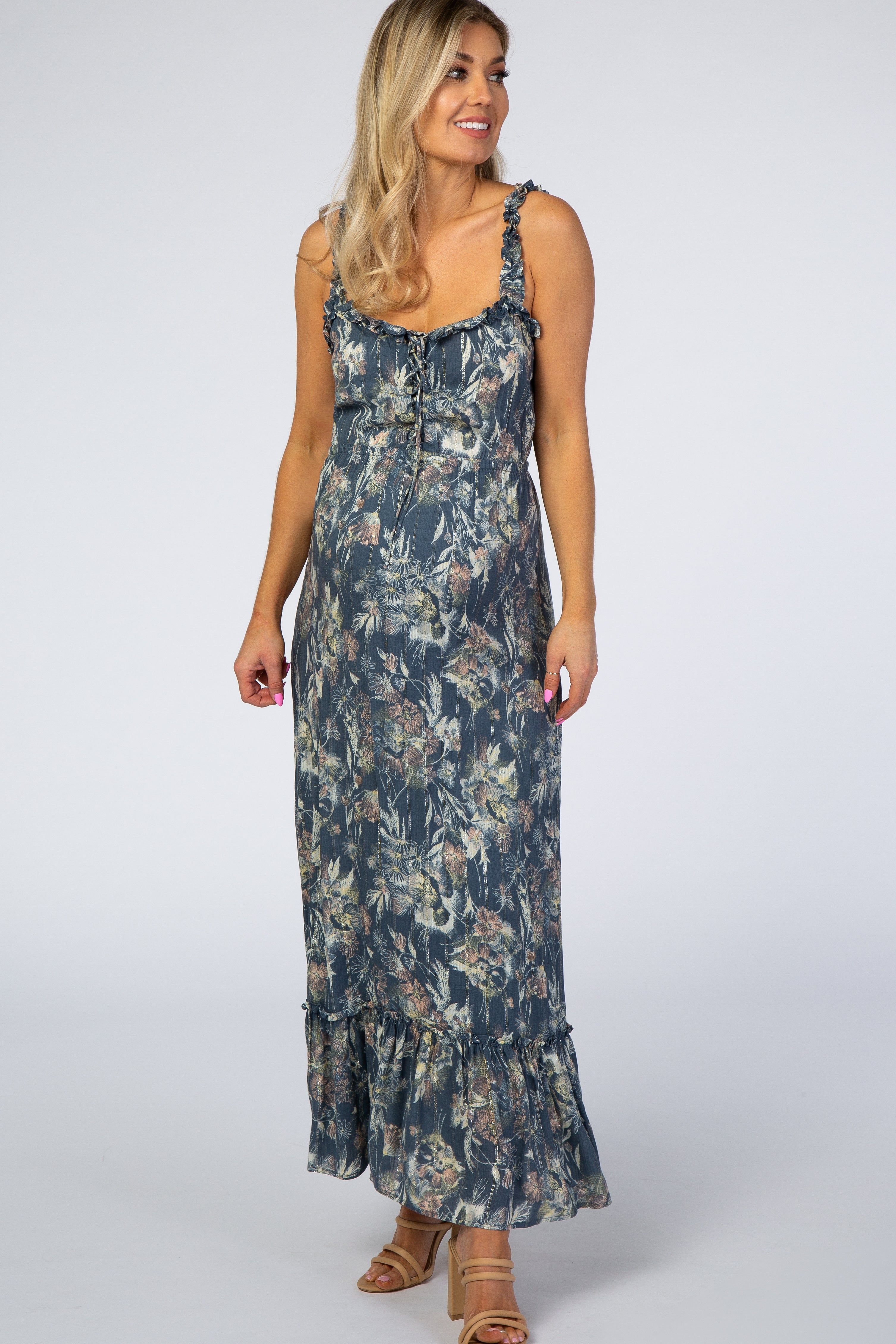 Blue Floral Shimmer Lace-Up Maternity Maxi Dress sold by Pinkblush product image thumbnail 2