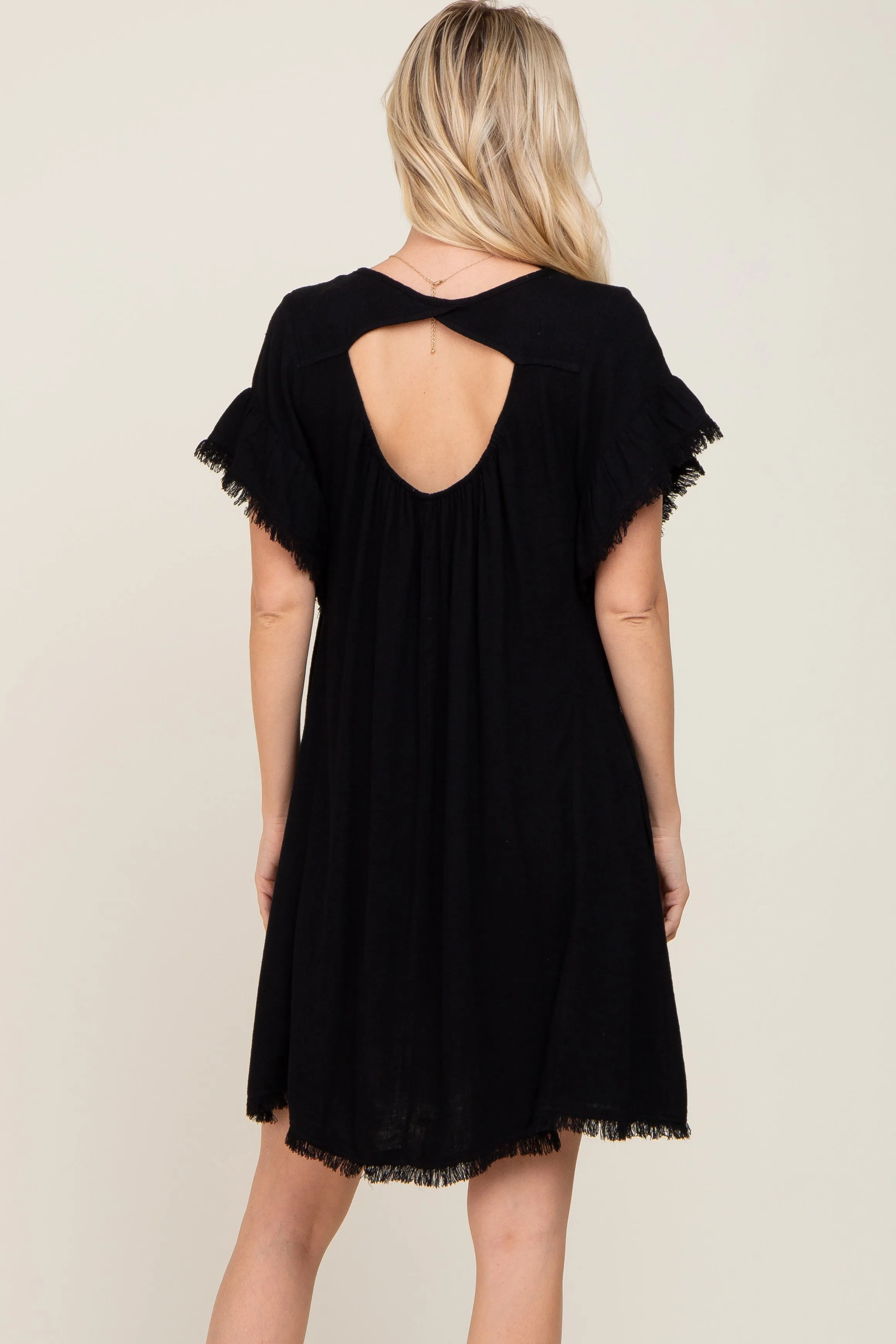 Black Frayed Trim Back Keyhole Linen Dress sold by Pinkblush product image thumbnail 4