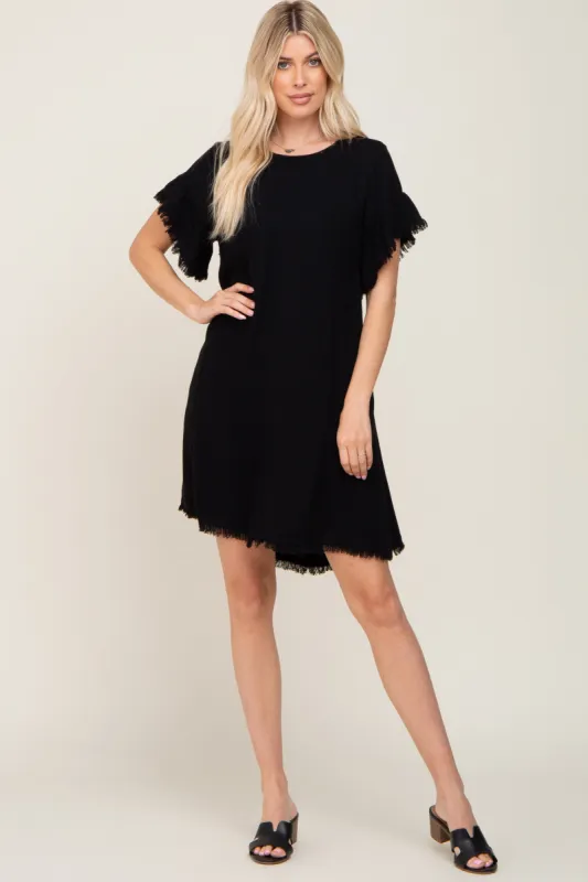 Black Frayed Trim Back Keyhole Linen Dress sold by Pinkblush