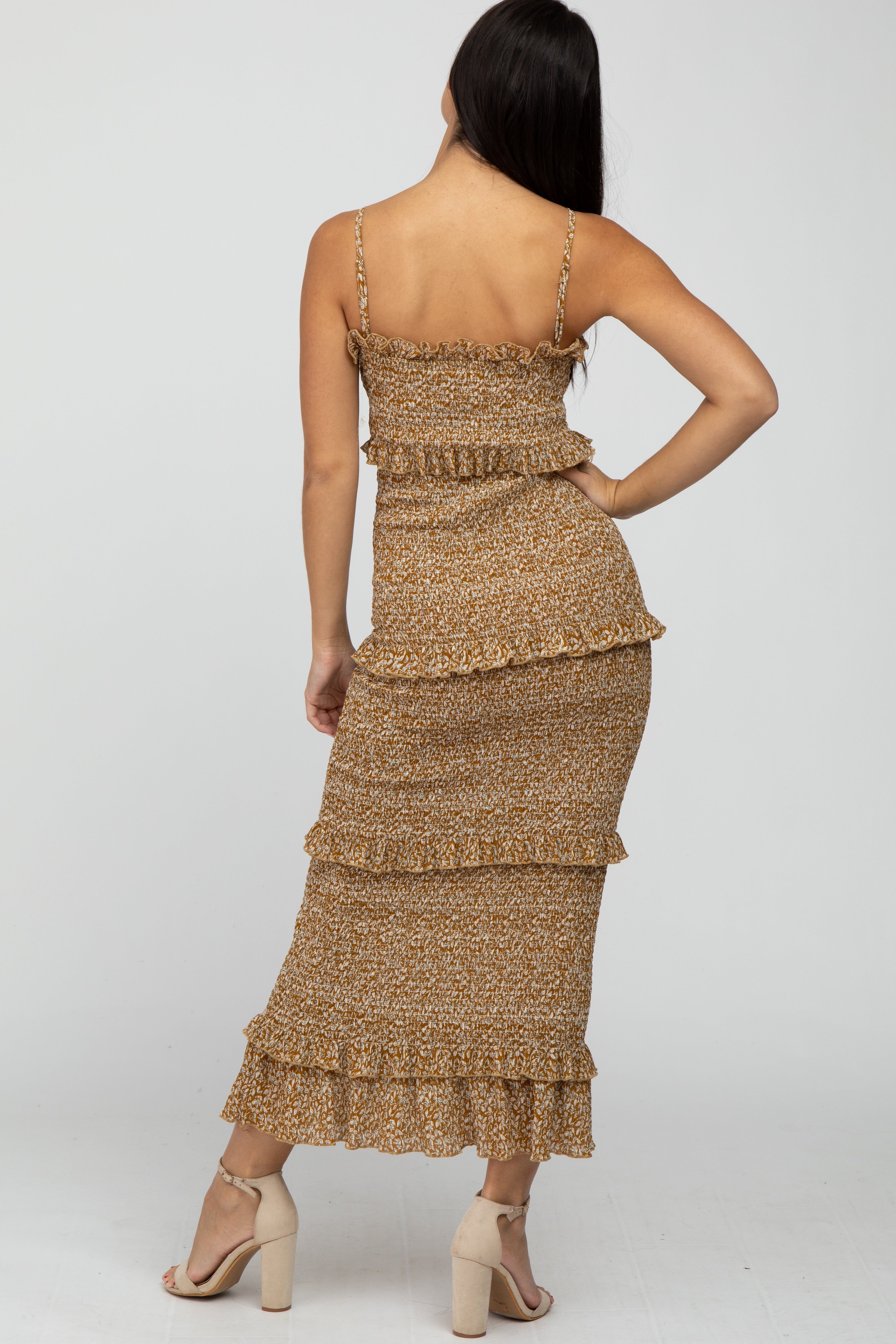 Mustard Leaf Print Smocked Fitted Midi Dress sold by Pinkblush product image thumbnail 4