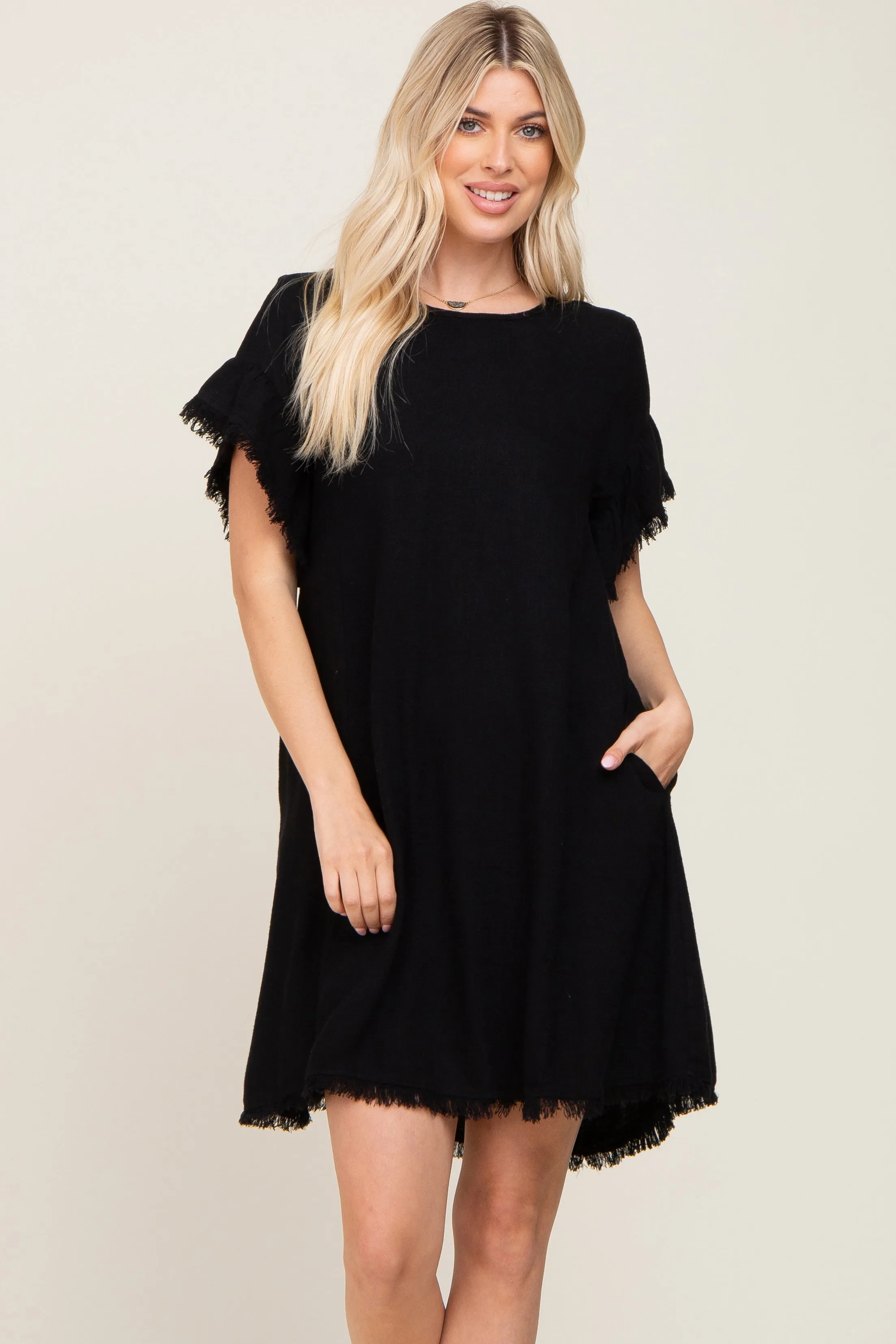 Black Frayed Trim Back Keyhole Linen Dress sold by Pinkblush product image thumbnail 2