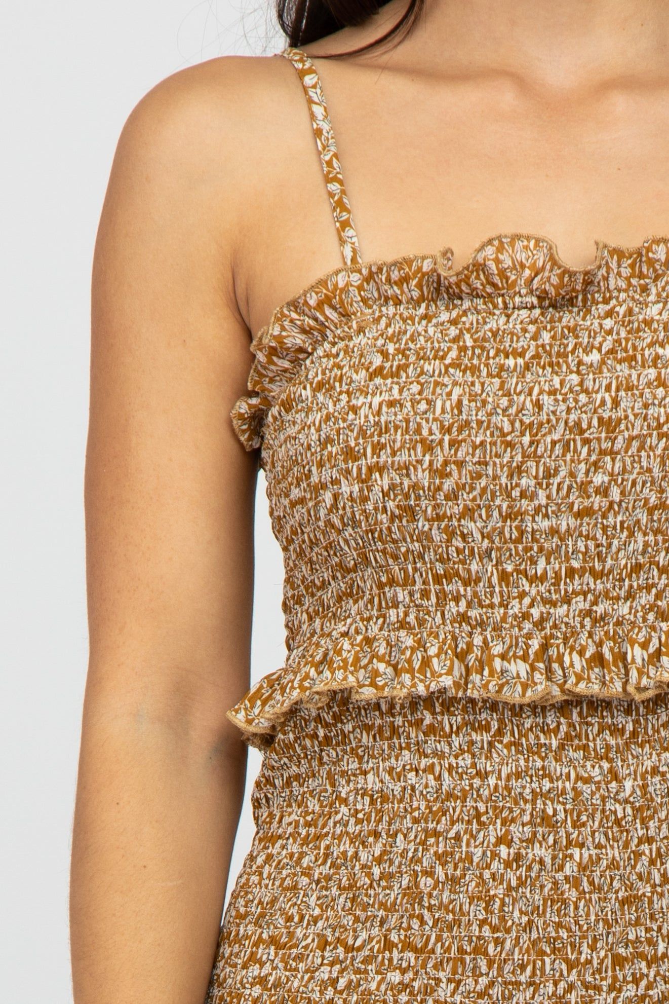 Mustard Leaf Print Smocked Fitted Midi Dress sold by Pinkblush product image thumbnail 5