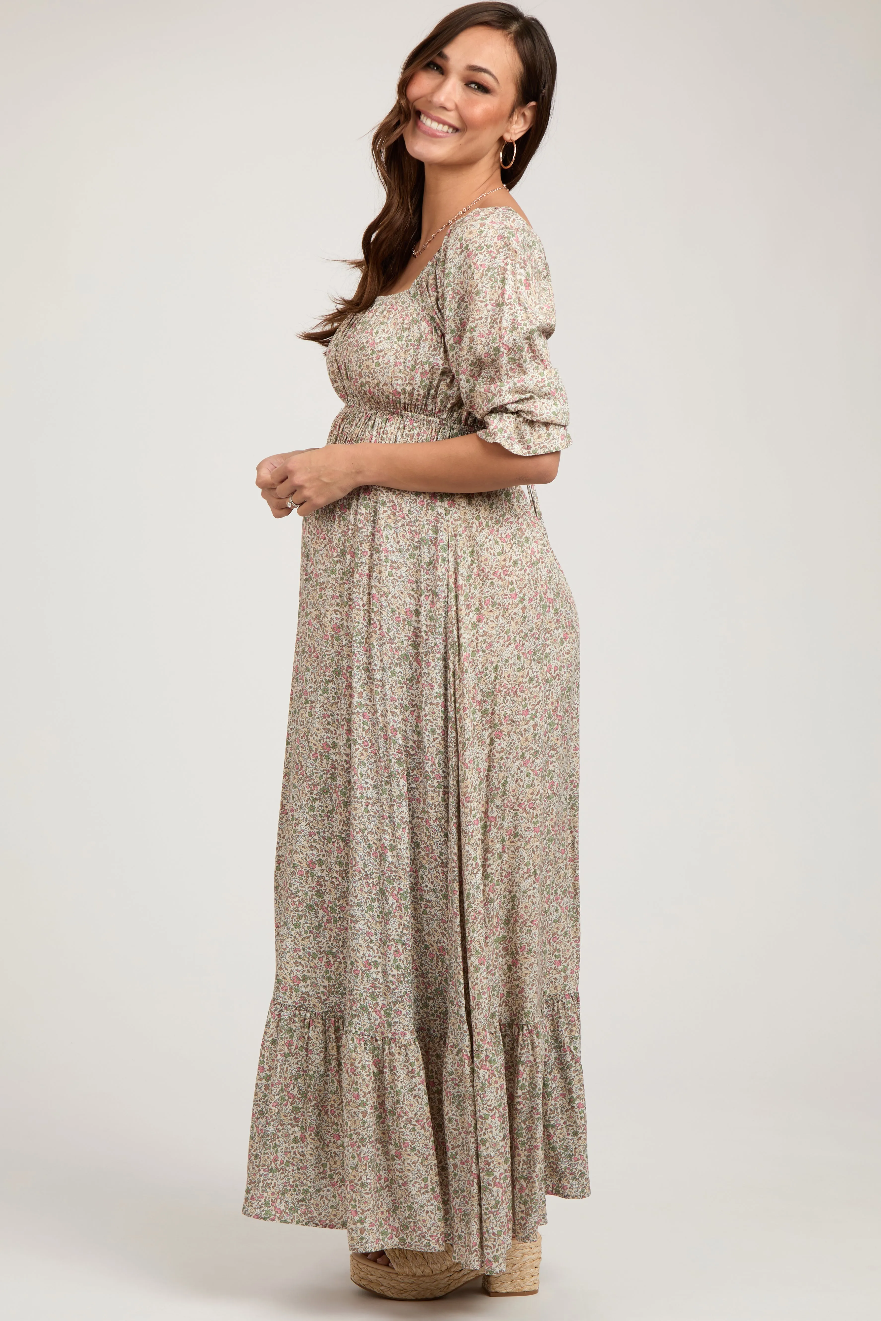 Beige Floral Criss Cross Back Maternity Maxi Dress sold by Pinkblush product image thumbnail 4