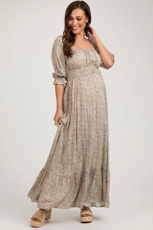 Beige Floral Criss Cross Back Maternity Maxi Dress sold by Pinkblush