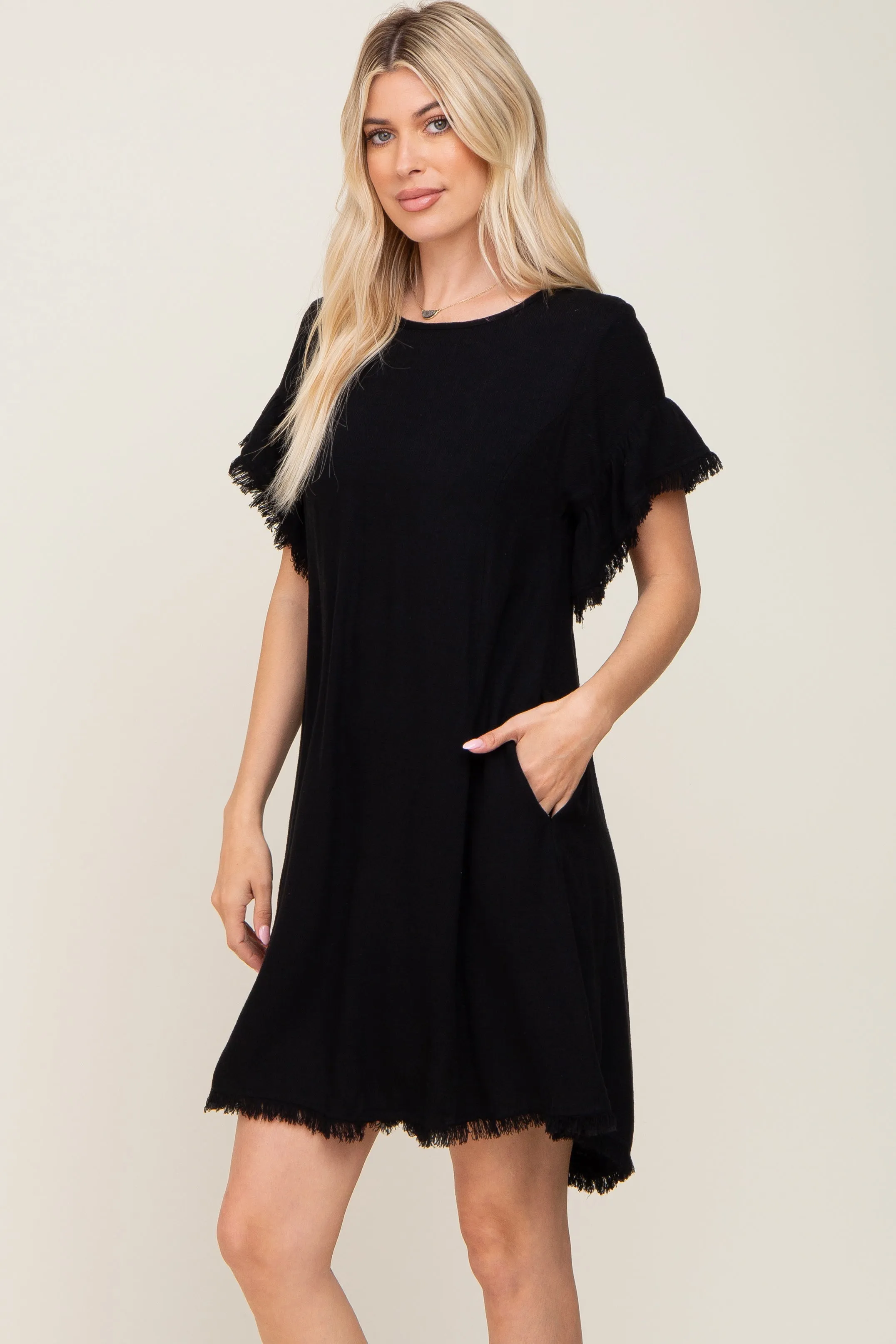 Black Frayed Trim Back Keyhole Linen Dress sold by Pinkblush product image thumbnail 3